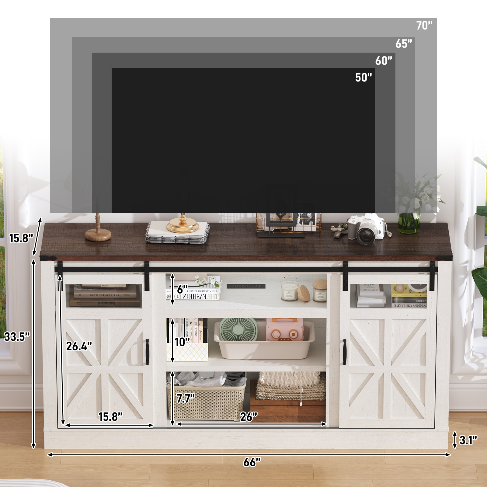 66" Farmhouse TV Stand for 65" 70" 75" TVs with Power Charging Station