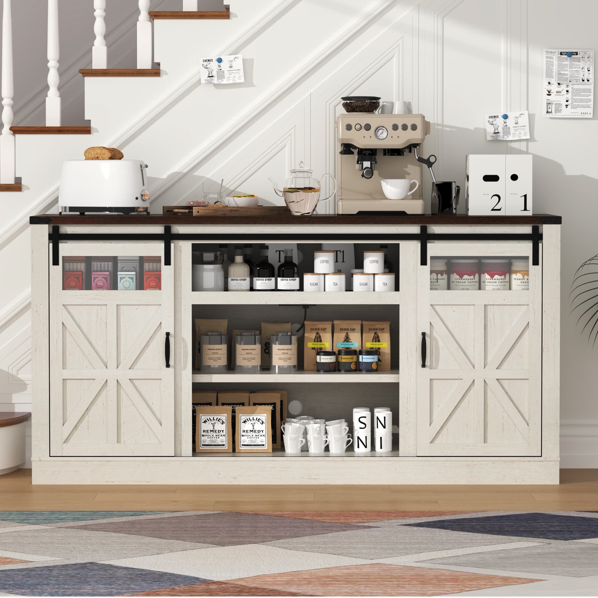 66" Farmhouse TV Stand for 65" 70" 75" TVs with Power Charging Station