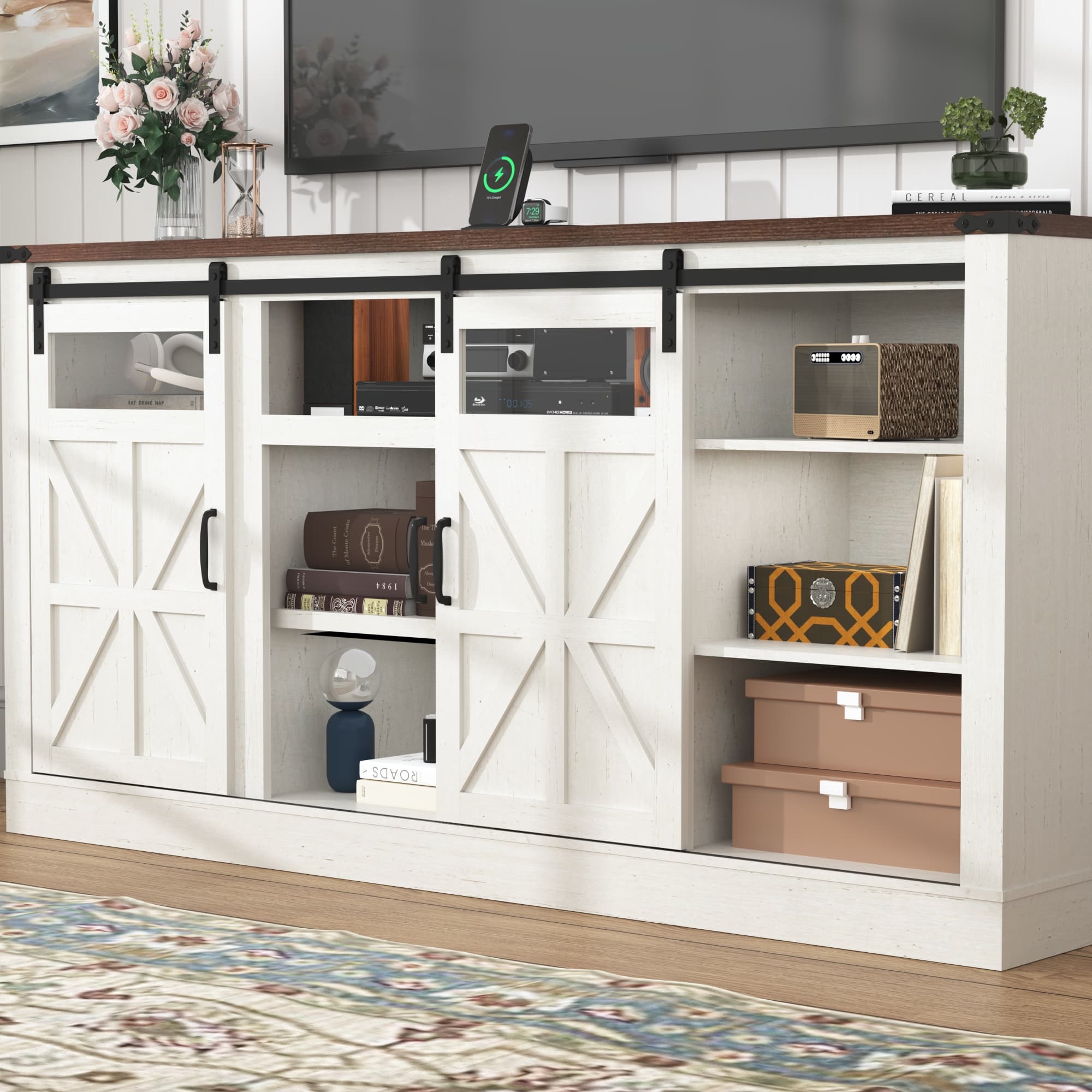 66" Farmhouse TV Stand for 65" 70" 75" TVs with Power Charging Station