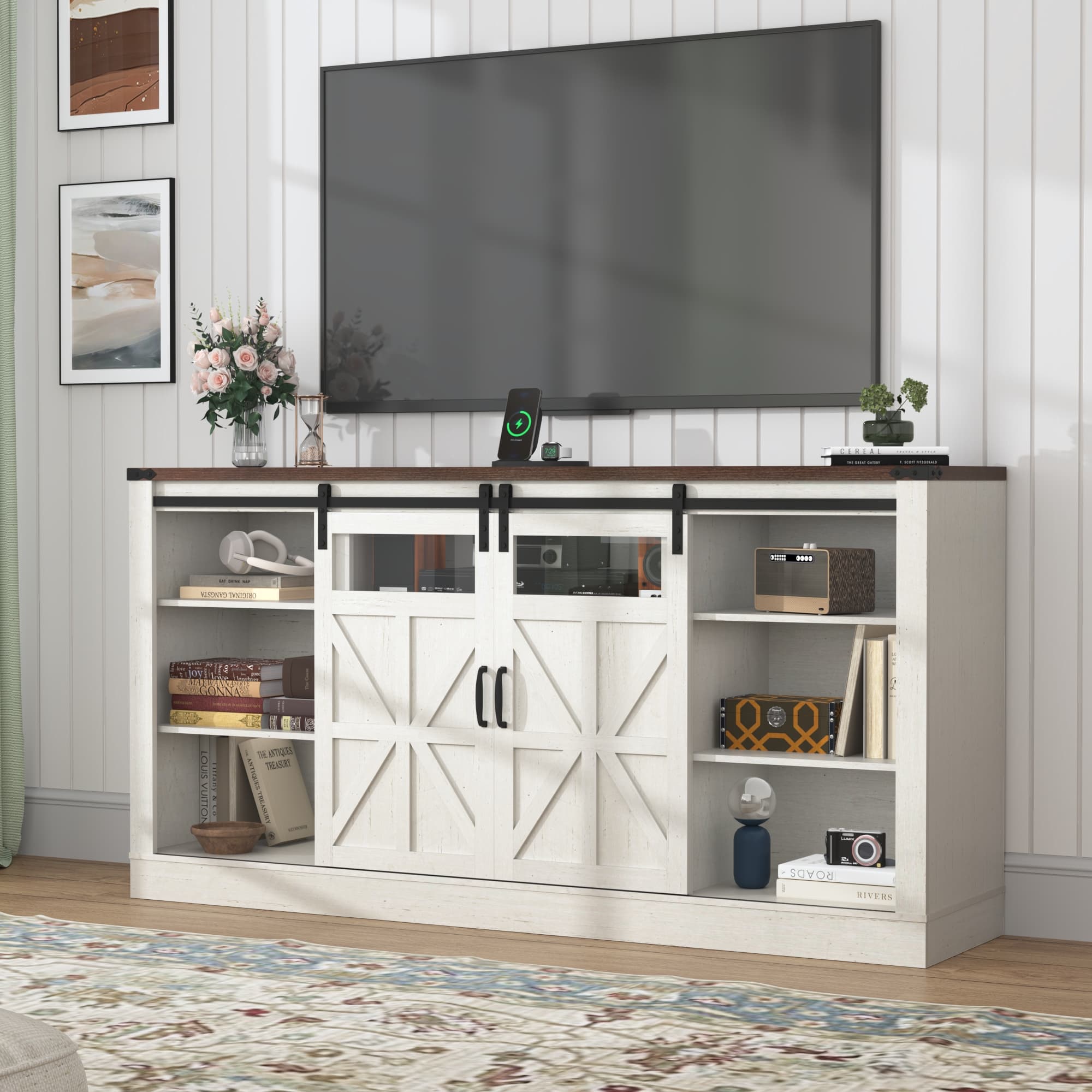 66" Farmhouse TV Stand for 65" 70" 75" TVs with Power Charging Station