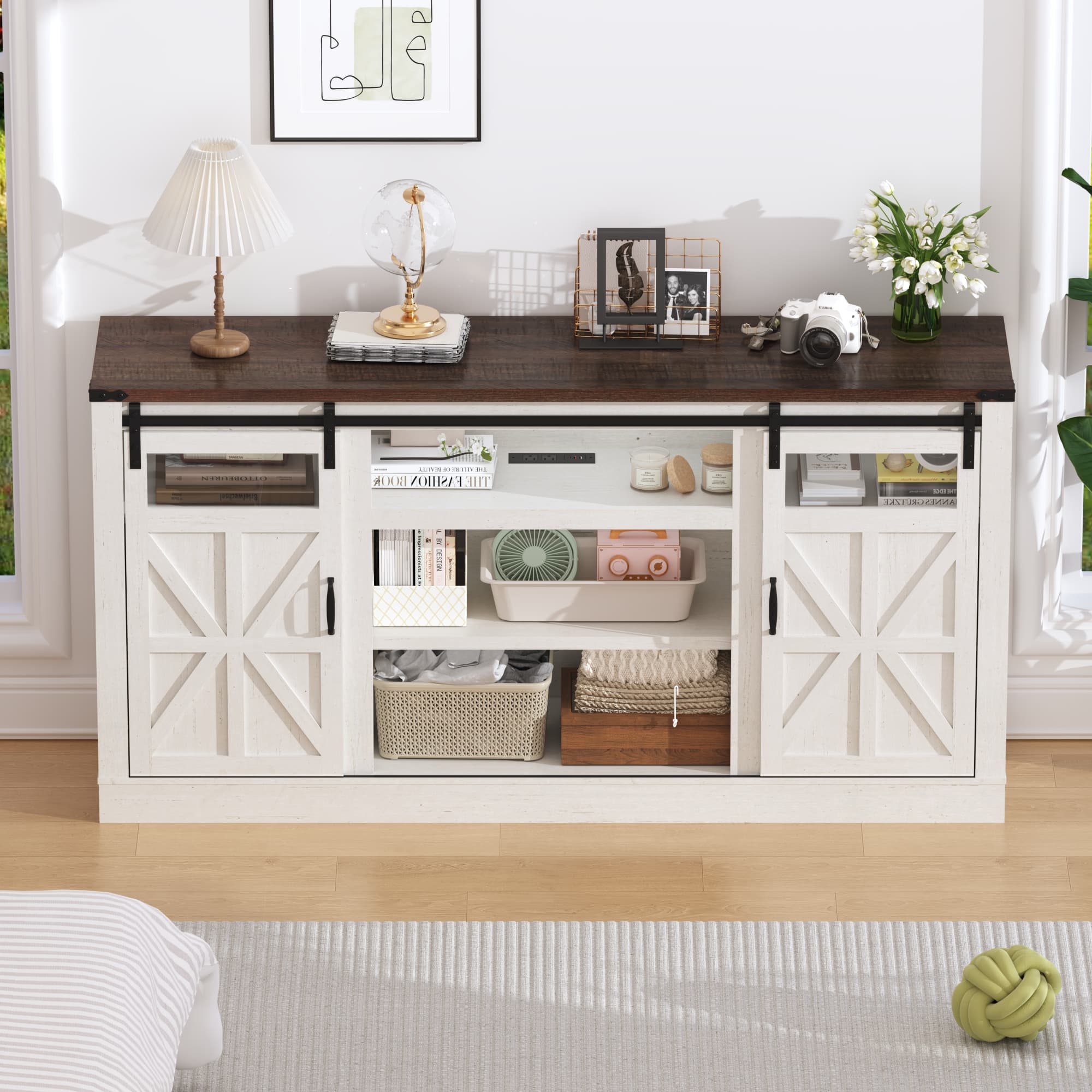 66" Farmhouse TV Stand for 65" 70" 75" TVs with Power Charging Station