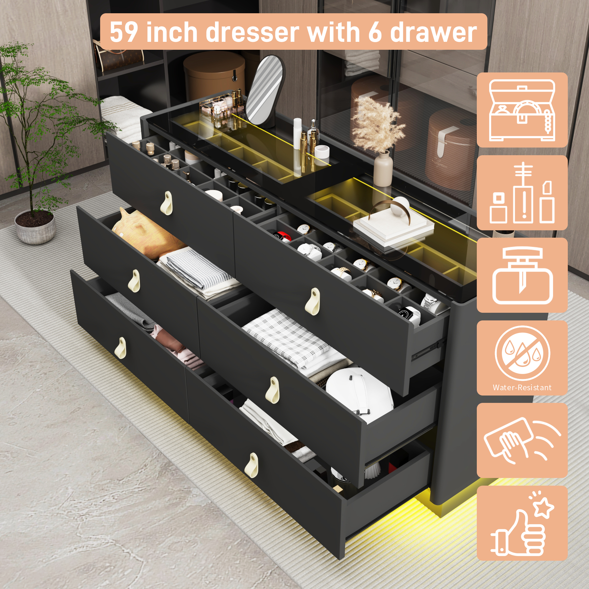 ChVans 59" Large LED Dresser with Glass Top, Jewelry Closet Island, 6 Drawer Dresser for Bedroom, Long Modern Chest of Drawers, Wide Drawer Organizer Cabinet