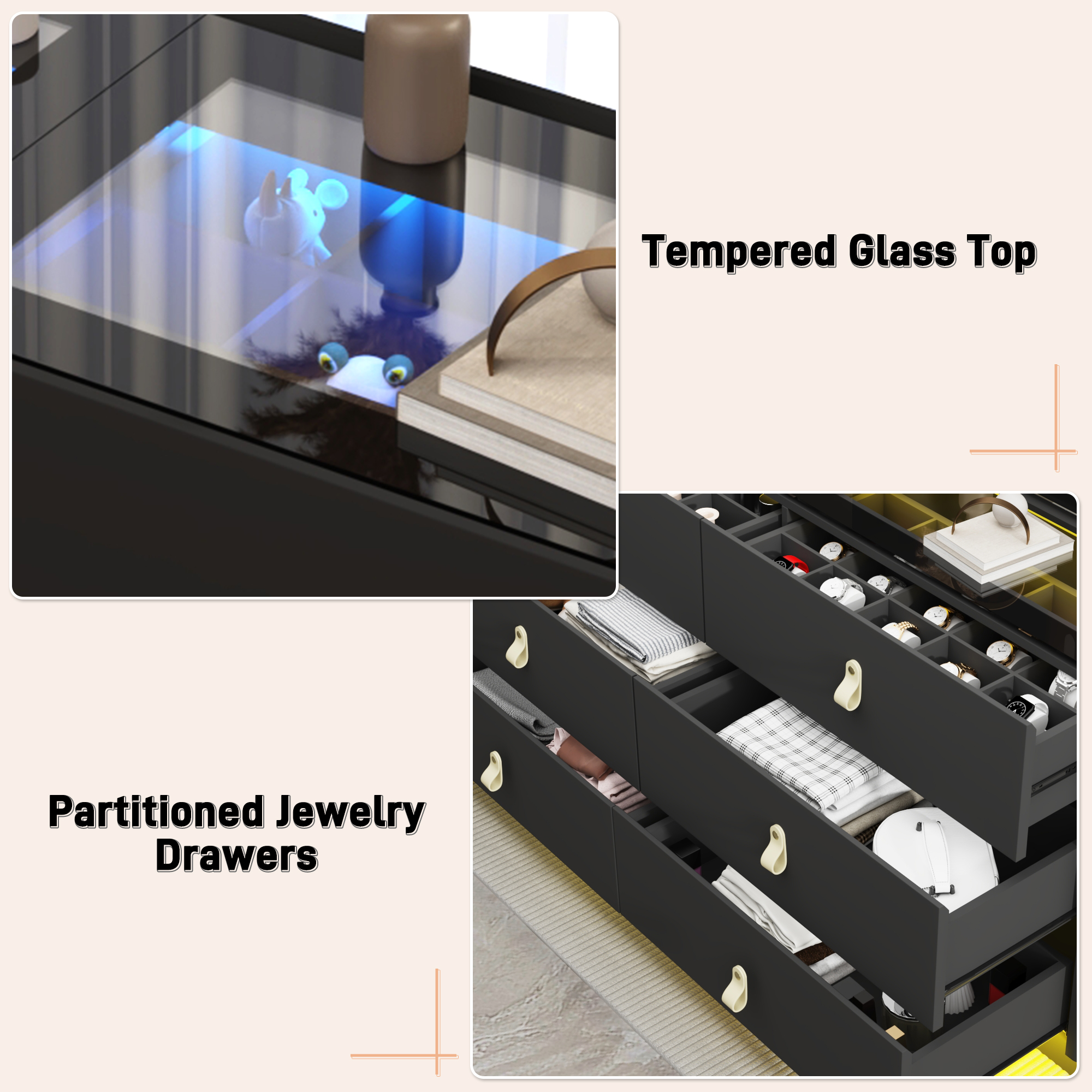 ChVans 59" Large LED Dresser with Glass Top, Jewelry Closet Island, 6 Drawer Dresser for Bedroom, Long Modern Chest of Drawers, Wide Drawer Organizer Cabinet