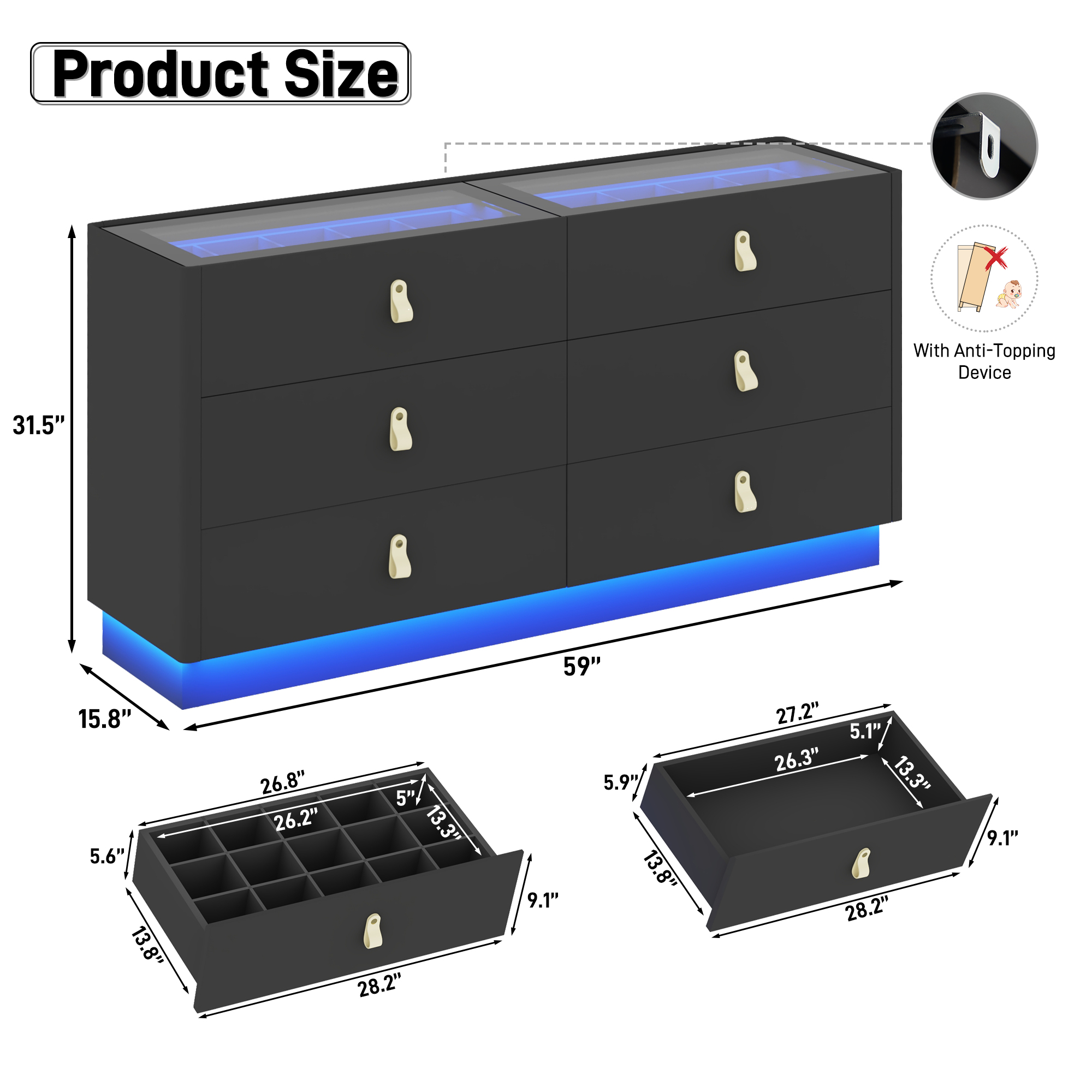 ChVans 59" Large LED Dresser with Glass Top, Jewelry Closet Island, 6 Drawer Dresser for Bedroom, Long Modern Chest of Drawers, Wide Drawer Organizer Cabinet