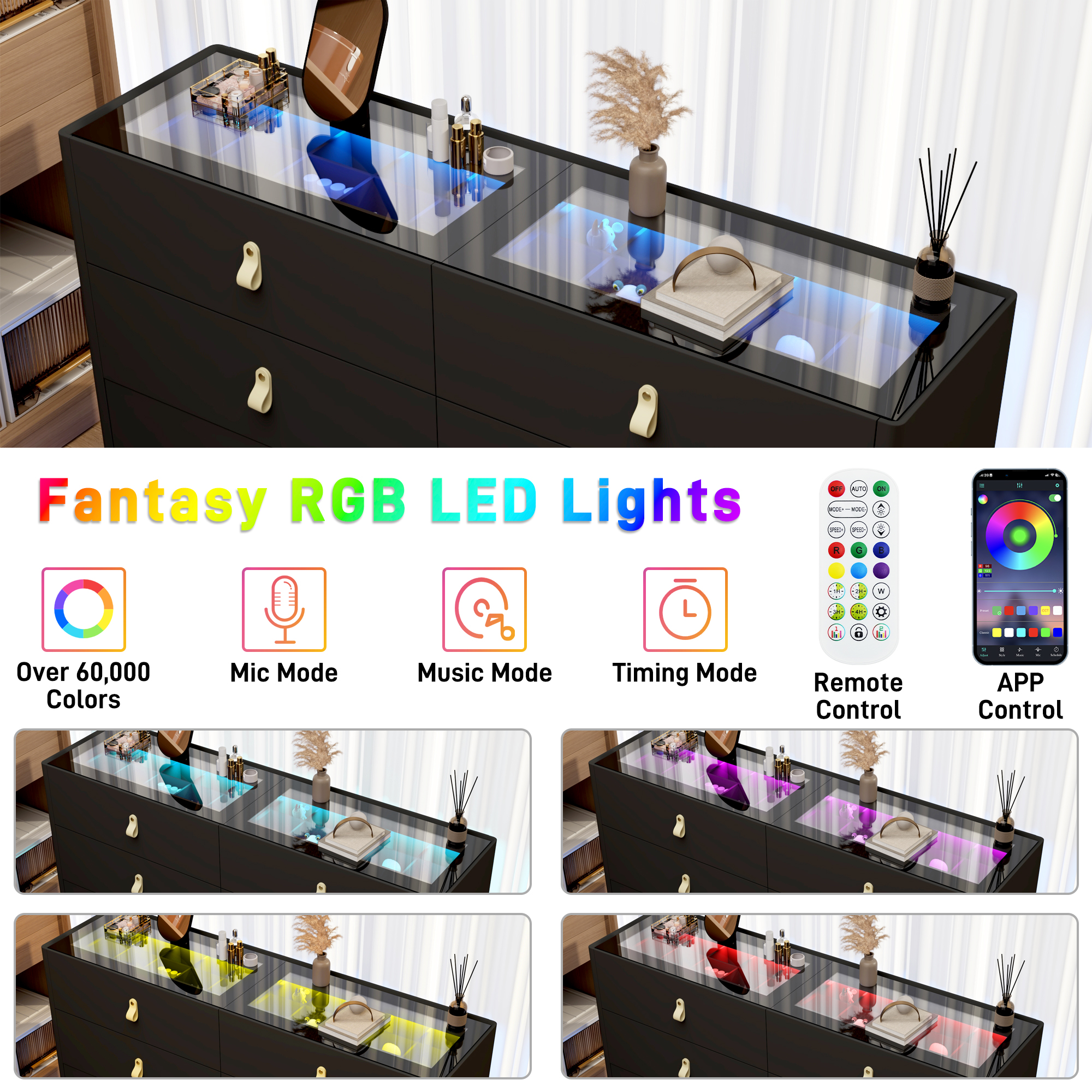 ChVans 59" Large LED Dresser with Glass Top, Jewelry Closet Island, 6 Drawer Dresser for Bedroom, Long Modern Chest of Drawers, Wide Drawer Organizer Cabinet