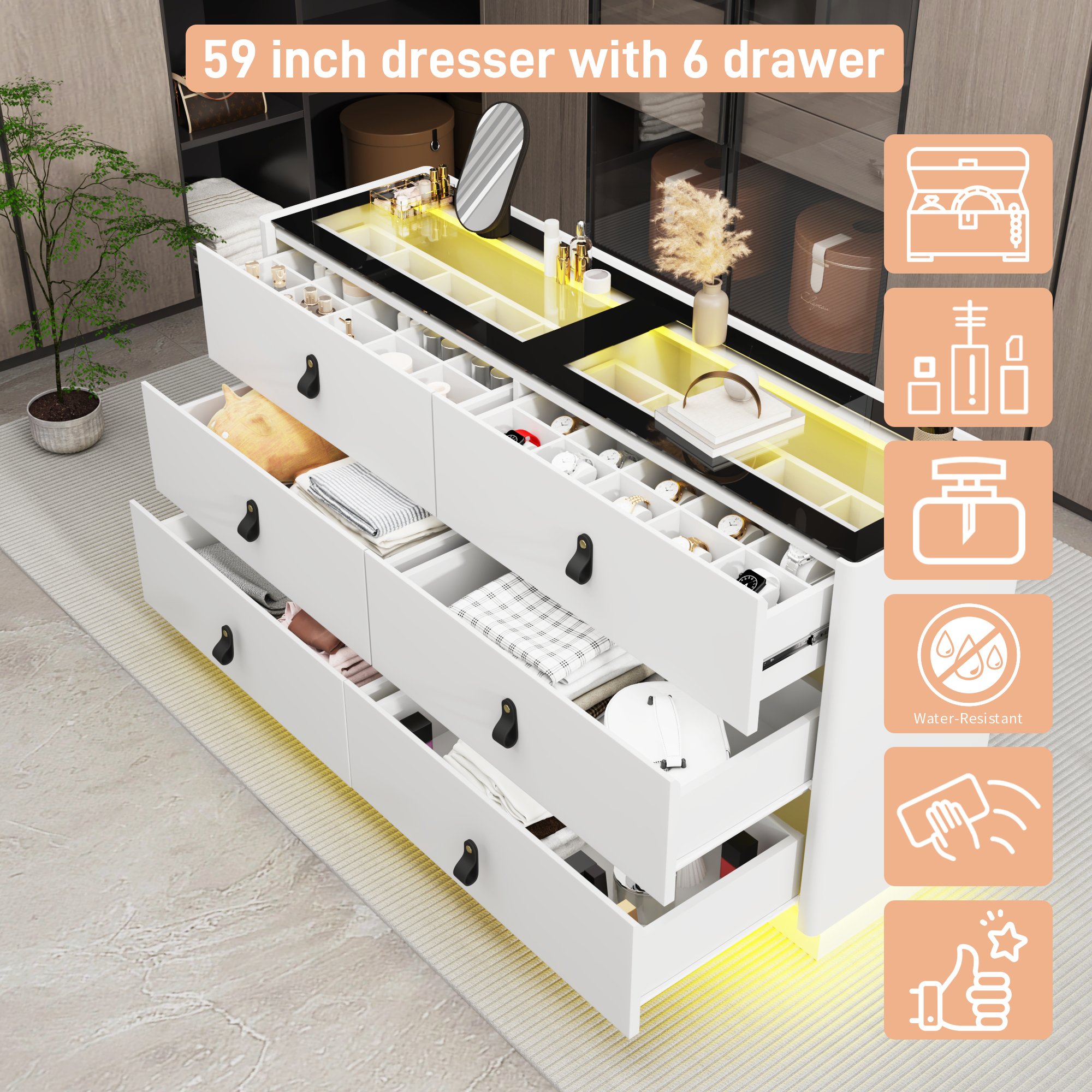 ChVans 59" Large LED Dresser with Glass Top, Jewelry Closet Island, 6 Drawer Dresser for Bedroom, Long Modern Chest of Drawers, Wide Drawer Organizer Cabinet