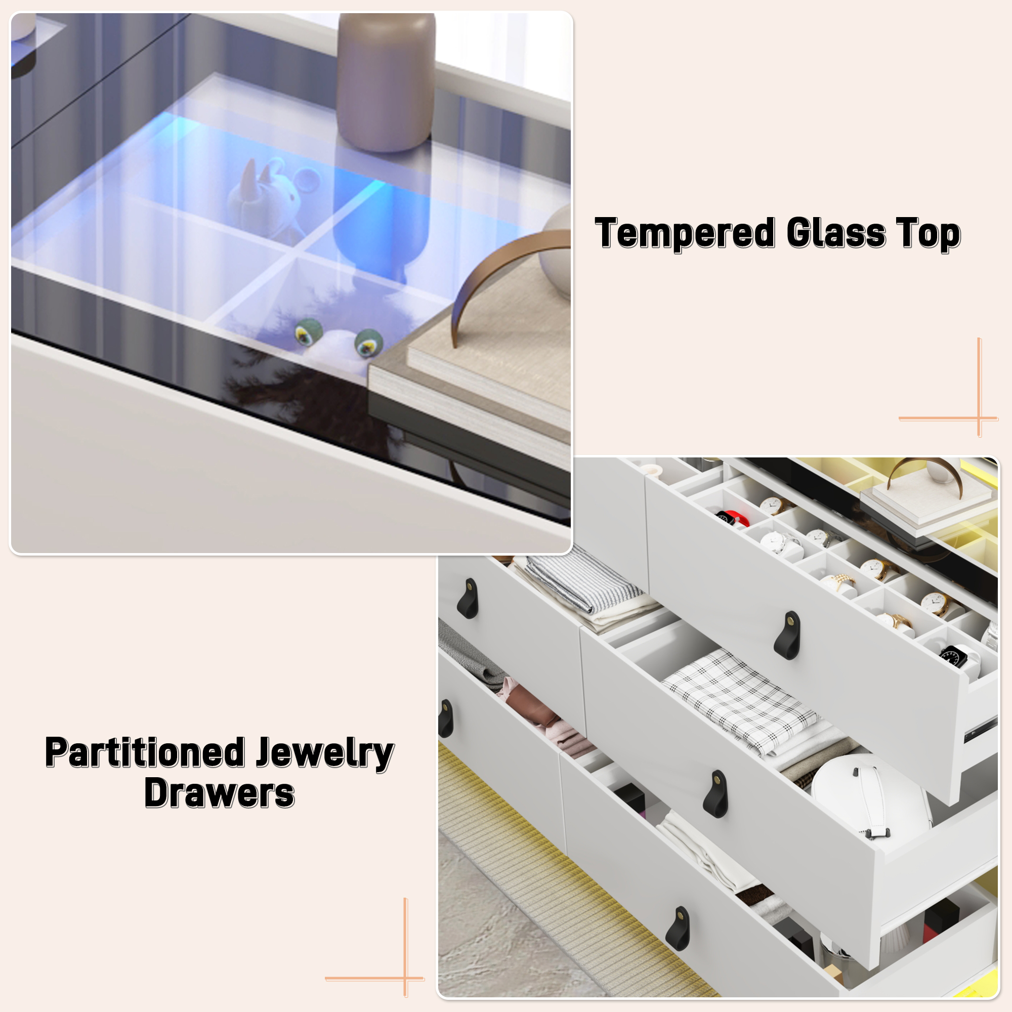ChVans 59" Large LED Dresser with Glass Top, Jewelry Closet Island, 6 Drawer Dresser for Bedroom, Long Modern Chest of Drawers, Wide Drawer Organizer Cabinet
