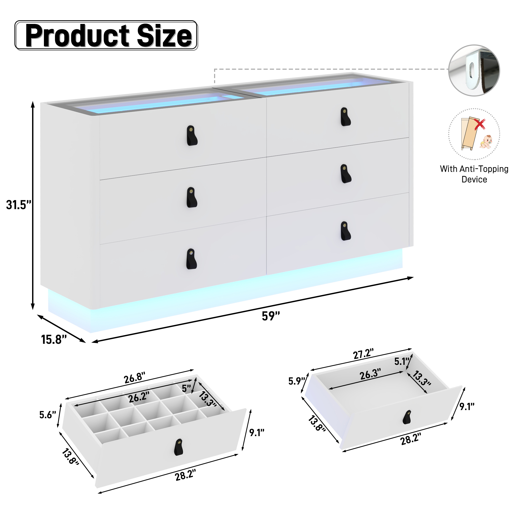 ChVans 59" Large LED Dresser with Glass Top, Jewelry Closet Island, 6 Drawer Dresser for Bedroom, Long Modern Chest of Drawers, Wide Drawer Organizer Cabinet