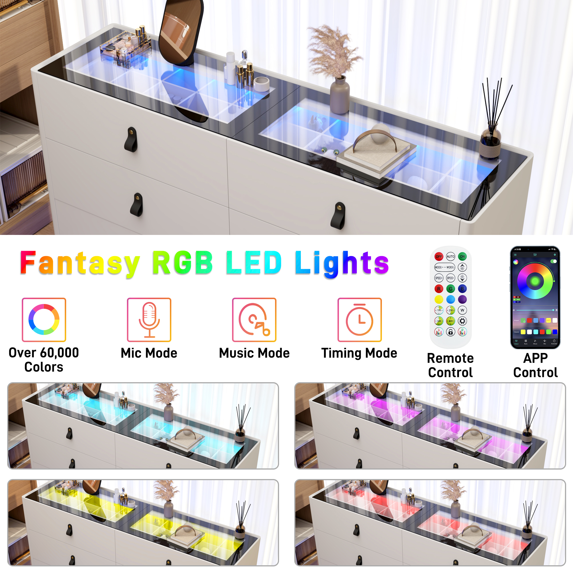 ChVans 59" Large LED Dresser with Glass Top, Jewelry Closet Island, 6 Drawer Dresser for Bedroom, Long Modern Chest of Drawers, Wide Drawer Organizer Cabinet