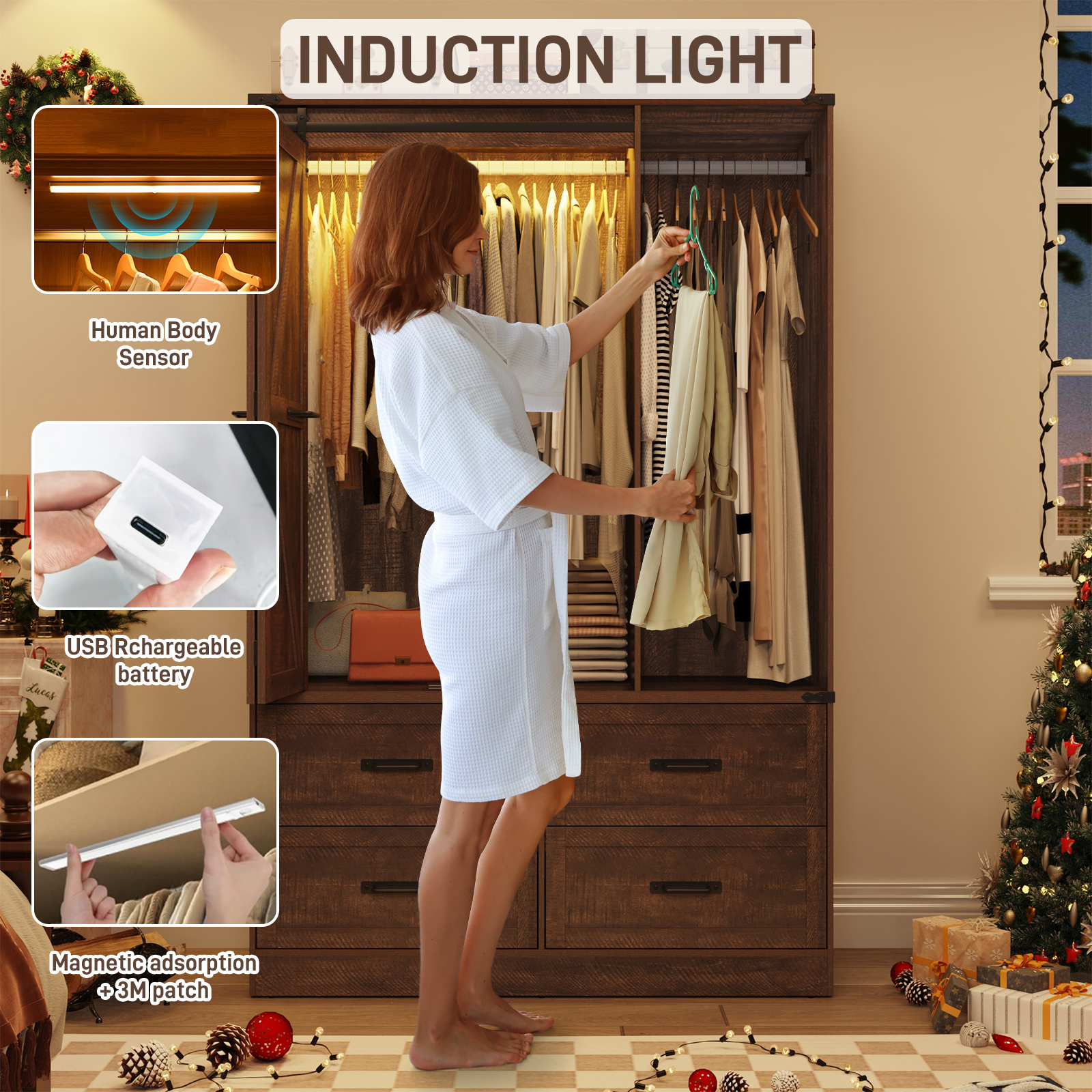 ChVans 73.1''H Armoire Wardrobe with Sensor Light&4 Drawers, Farmhouse Bedroom Armoire Cabinet with Hanging Rod&Open Space, Wooden Wardrobe Cabinet with Folding Sliding Barn Door for Bedroom