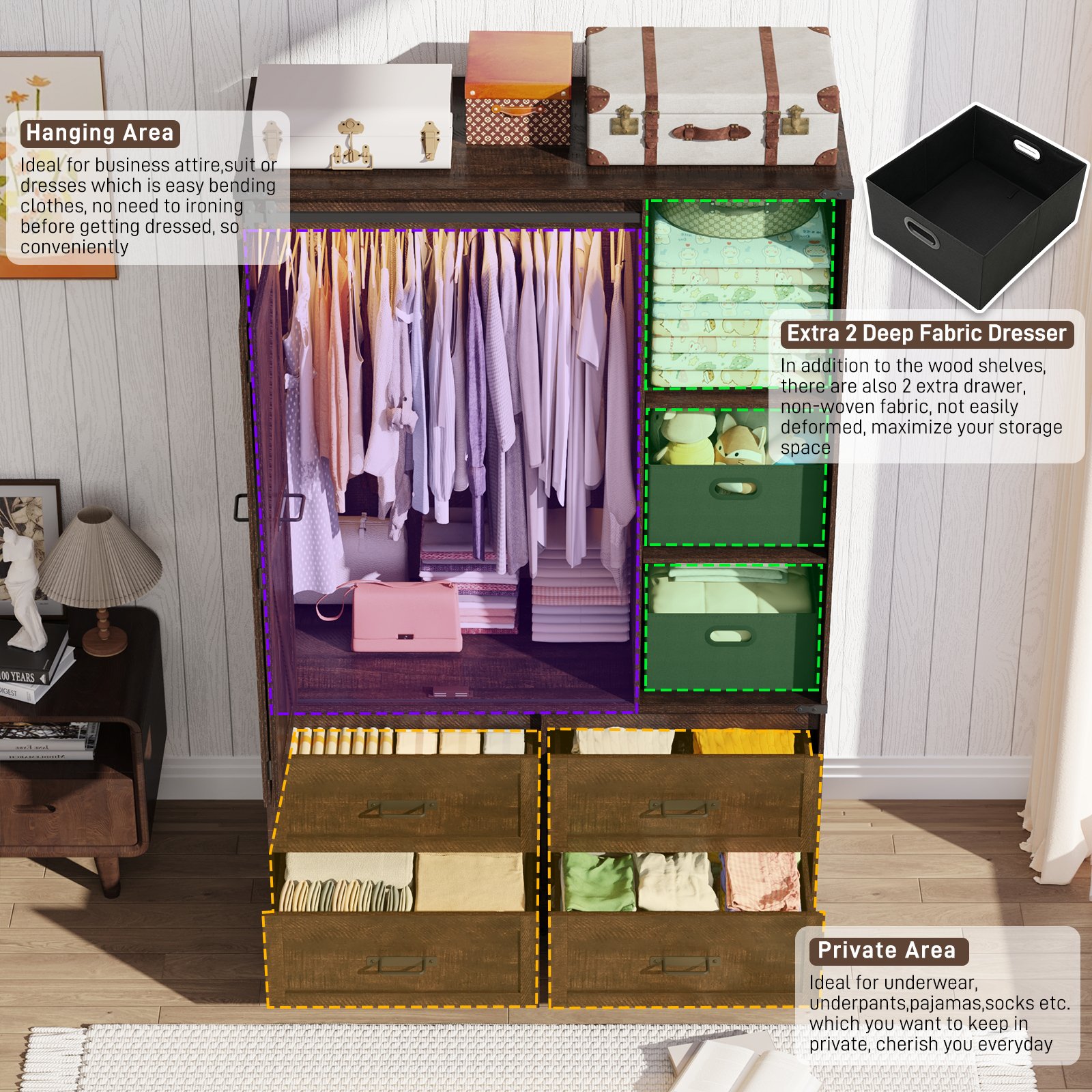 ChVans 73.1''H Armoire Wardrobe with Sensor Light&4 Drawers, Farmhouse Bedroom Armoire Cabinet with Hanging Rod&Open Space, Wooden Wardrobe Cabinet with Folding Sliding Barn Door for Bedroom