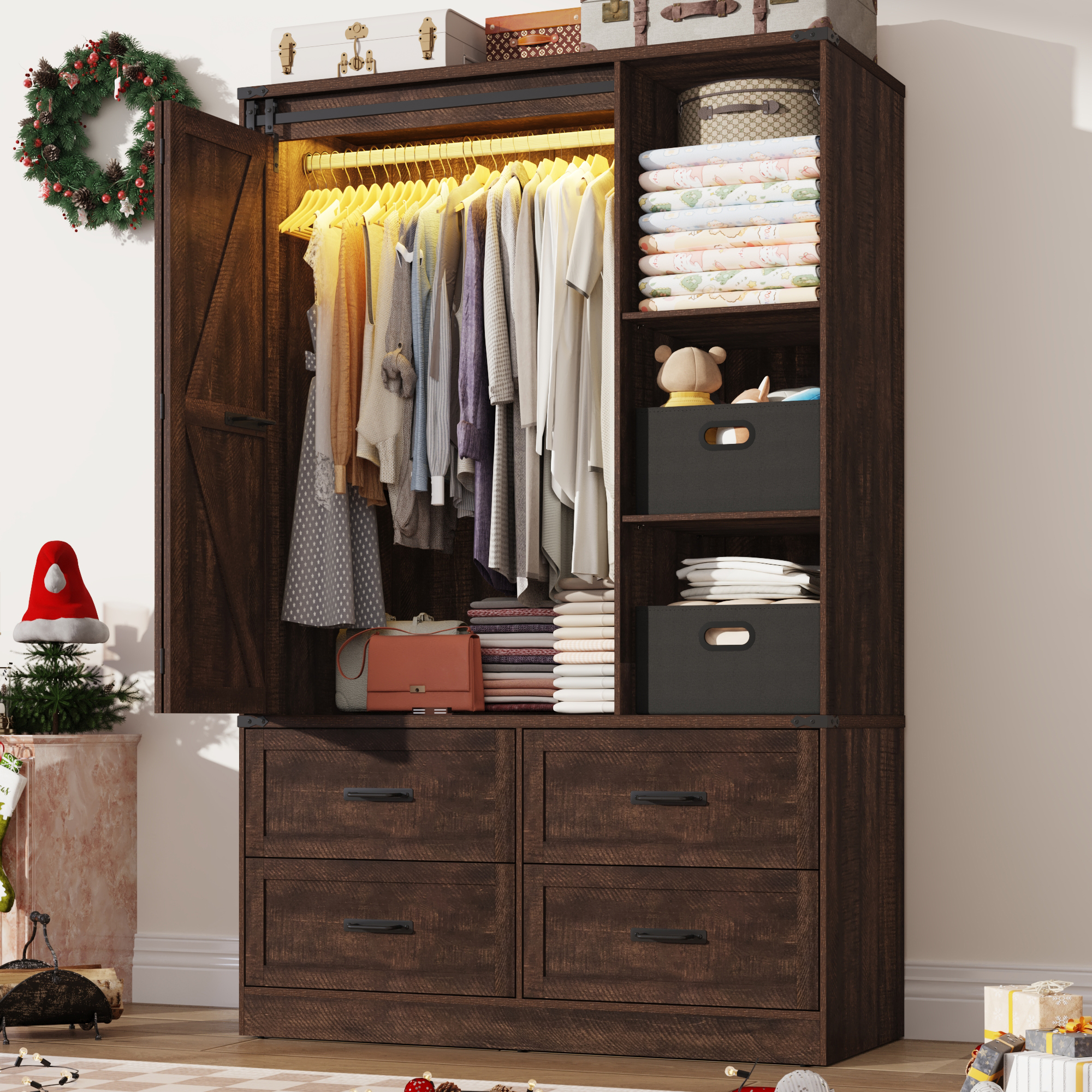 ChVans 73.1''H Armoire Wardrobe with Sensor Light&4 Drawers, Farmhouse Bedroom Armoire Cabinet with Hanging Rod&Open Space, Wooden Wardrobe Cabinet with Folding Sliding Barn Door for Bedroom