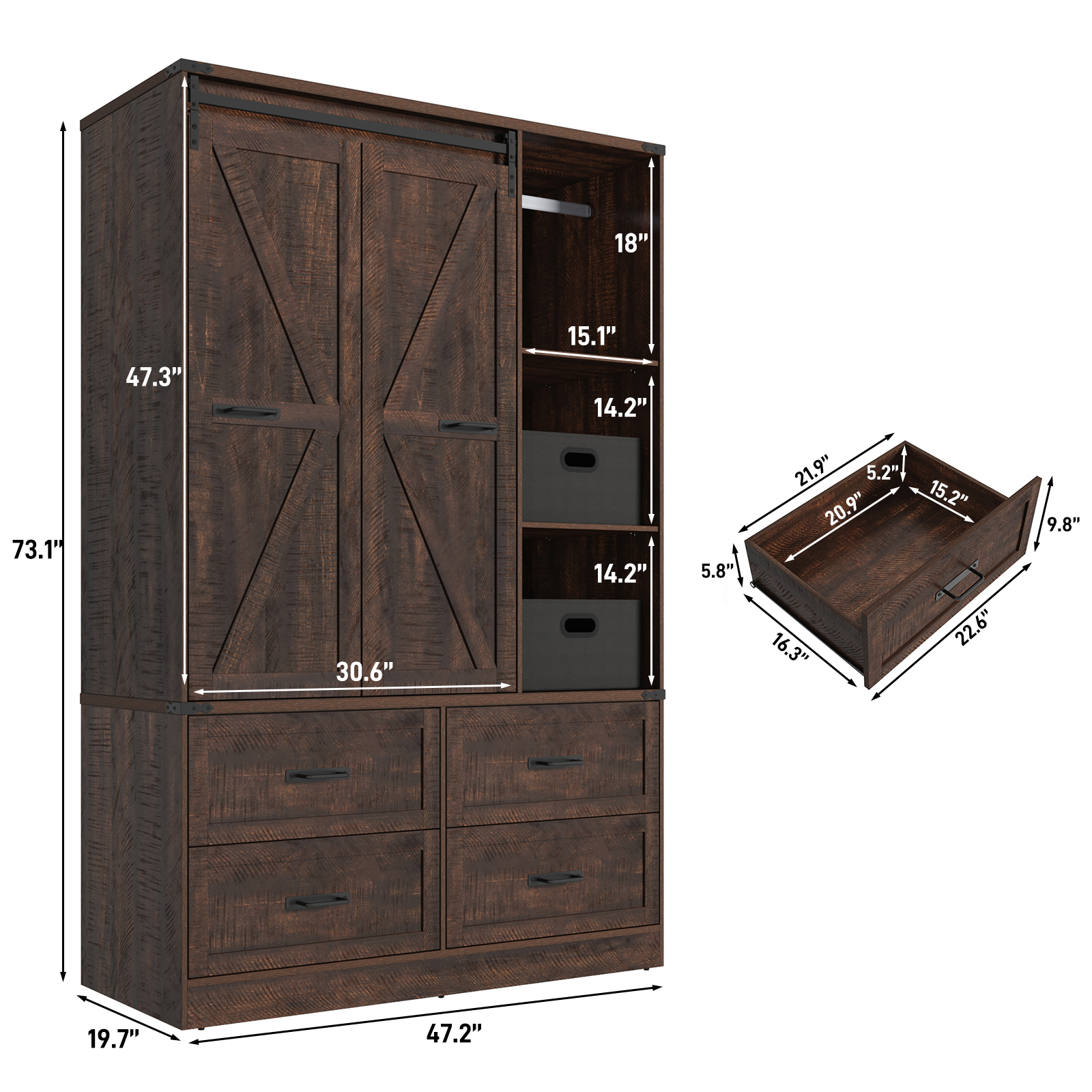 ChVans 73.1''H Armoire Wardrobe with Sensor Light&4 Drawers, Farmhouse Bedroom Armoire Cabinet with Hanging Rod&Open Space, Wooden Wardrobe Cabinet with Folding Sliding Barn Door for Bedroom