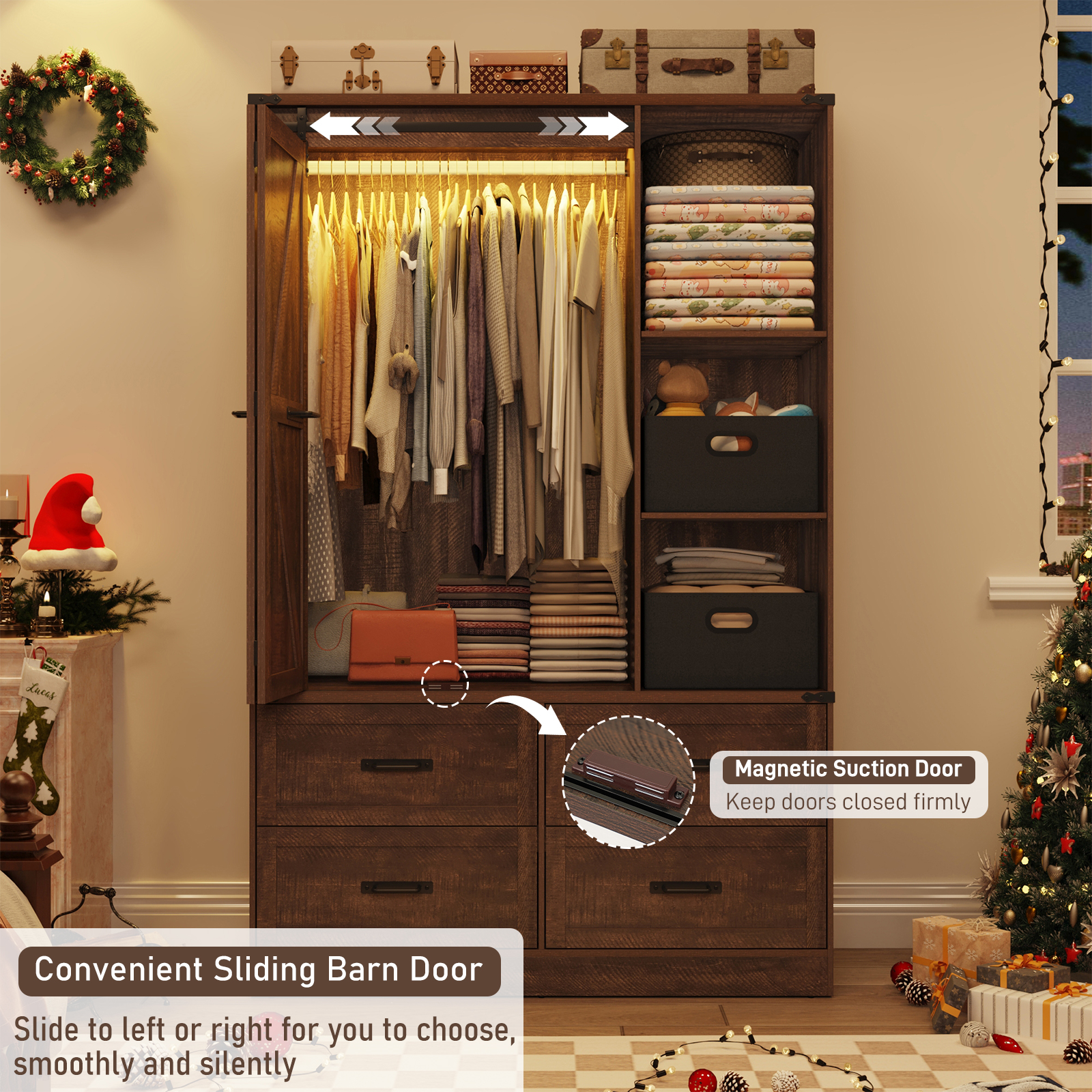 ChVans 73.1''H Armoire Wardrobe with Sensor Light&4 Drawers, Farmhouse Bedroom Armoire Cabinet with Hanging Rod&Open Space, Wooden Wardrobe Cabinet with Folding Sliding Barn Door for Bedroom