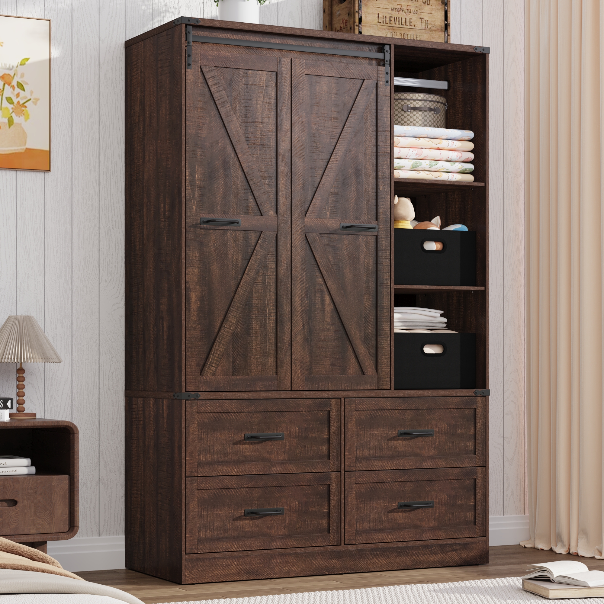 ChVans 73.1''H Armoire Wardrobe with Sensor Light&4 Drawers, Farmhouse Bedroom Armoire Cabinet with Hanging Rod&Open Space, Wooden Wardrobe Cabinet with Folding Sliding Barn Door for Bedroom
