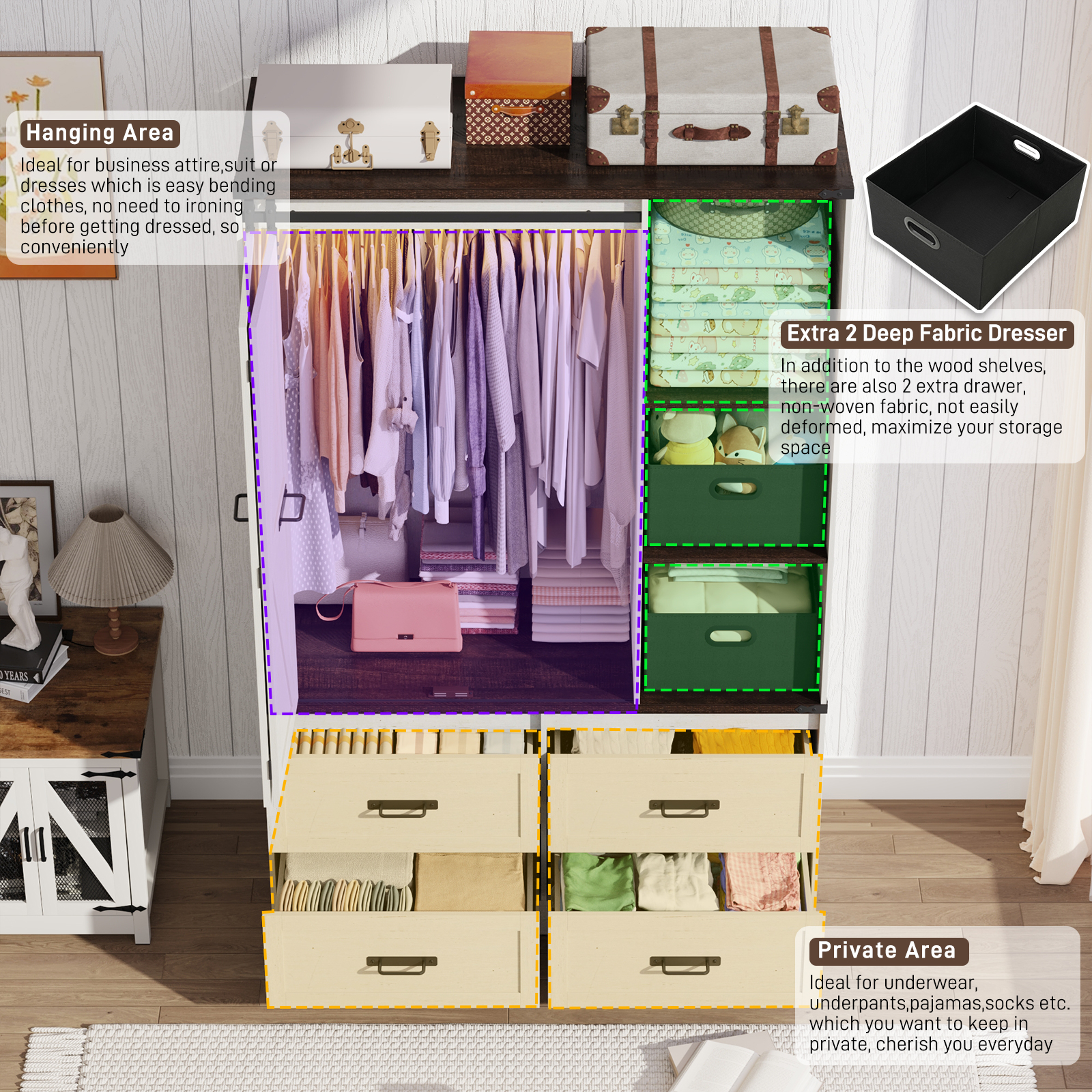 ChVans 73.1''H Armoire Wardrobe with Sensor Light&4 Drawers, Farmhouse Bedroom Armoire Cabinet with Hanging Rod&Open Space, Wooden Wardrobe Cabinet with Folding Sliding Barn Door for Bedroom