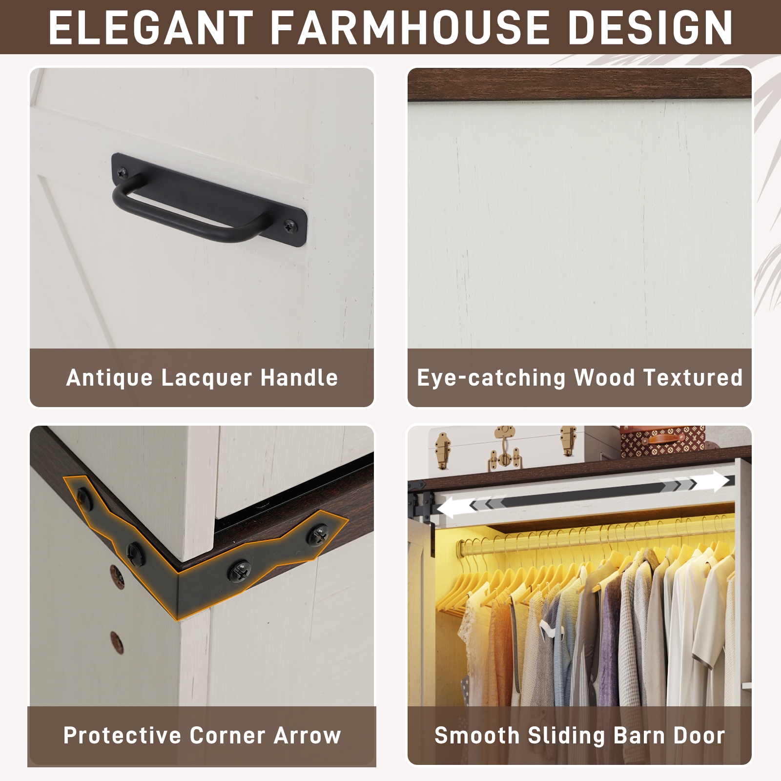 ChVans 73.1''H Armoire Wardrobe with Sensor Light&4 Drawers, Farmhouse Bedroom Armoire Cabinet with Hanging Rod&Open Space, Wooden Wardrobe Cabinet with Folding Sliding Barn Door for Bedroom