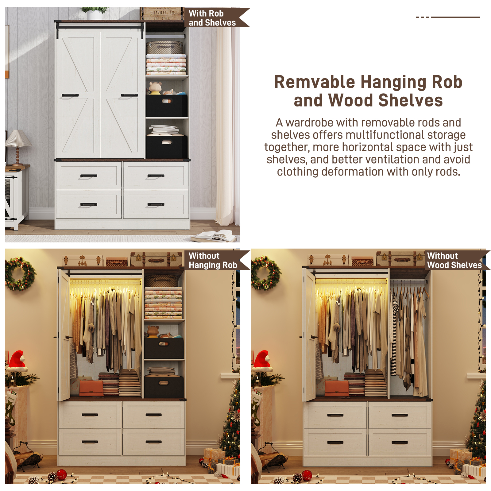 ChVans 73.1''H Armoire Wardrobe with Sensor Light&4 Drawers, Farmhouse Bedroom Armoire Cabinet with Hanging Rod&Open Space, Wooden Wardrobe Cabinet with Folding Sliding Barn Door for Bedroom