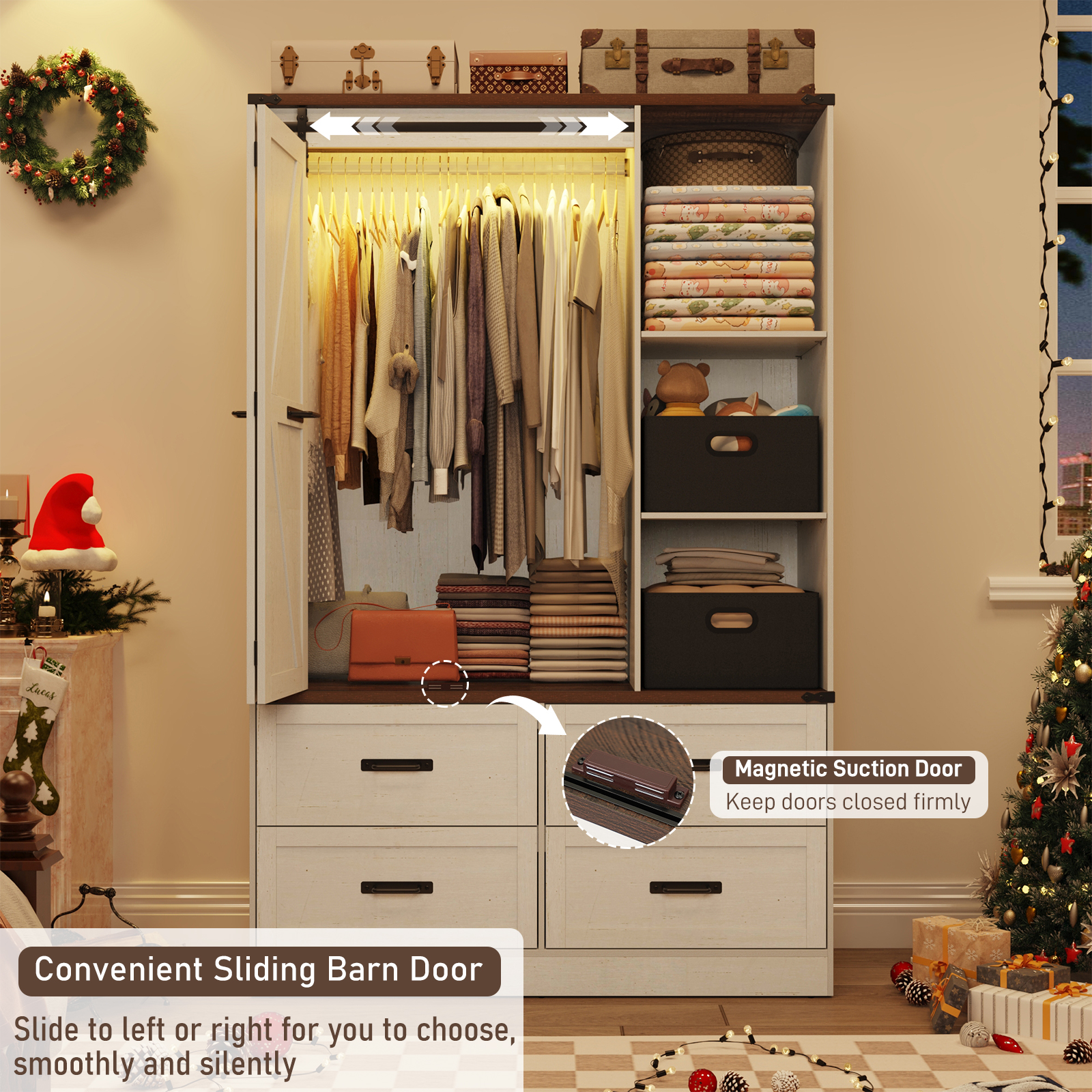 ChVans 73.1''H Armoire Wardrobe with Sensor Light&4 Drawers, Farmhouse Bedroom Armoire Cabinet with Hanging Rod&Open Space, Wooden Wardrobe Cabinet with Folding Sliding Barn Door for Bedroom