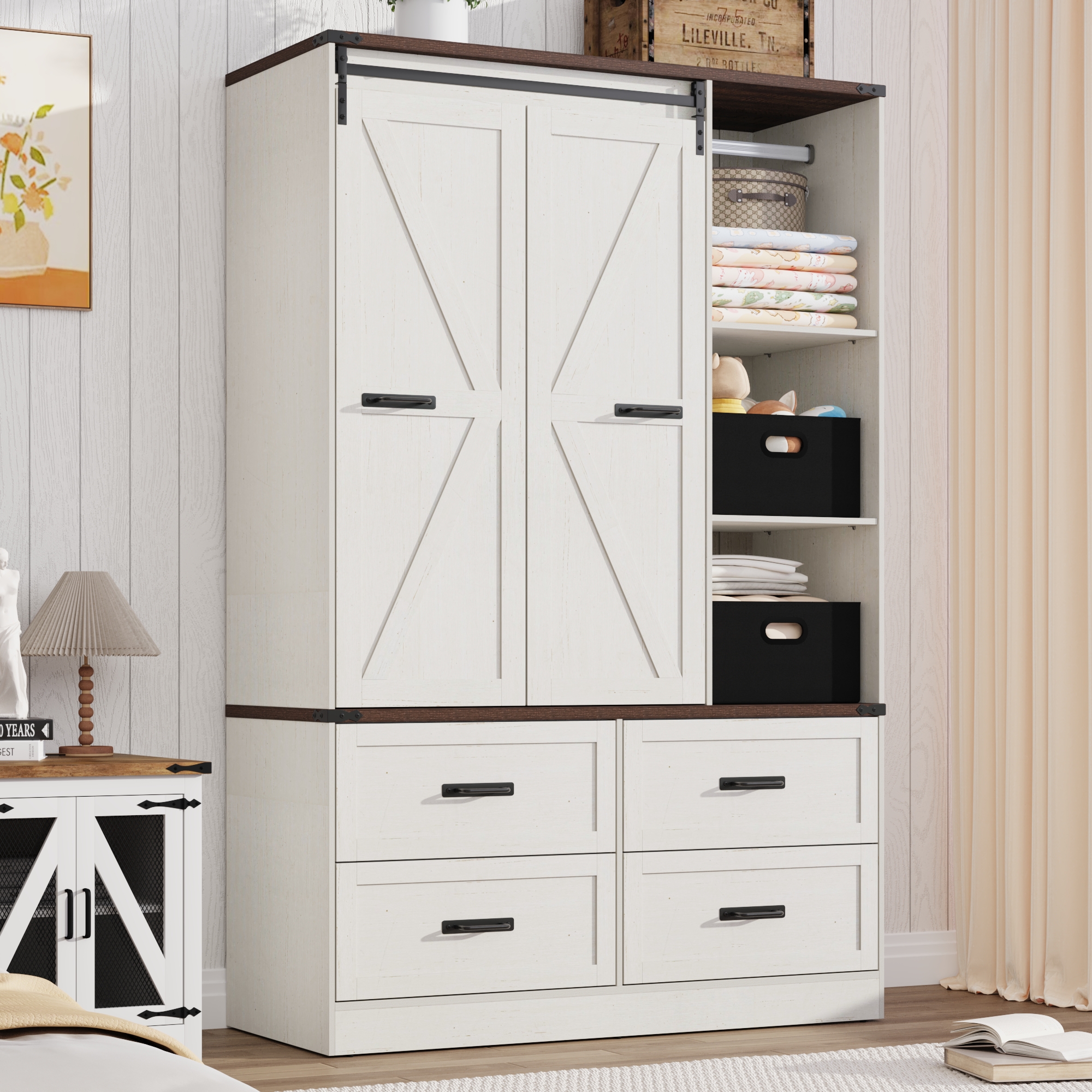 ChVans 73.1''H Armoire Wardrobe with Sensor Light&4 Drawers, Farmhouse Bedroom Armoire Cabinet with Hanging Rod&Open Space, Wooden Wardrobe Cabinet with Folding Sliding Barn Door for Bedroom