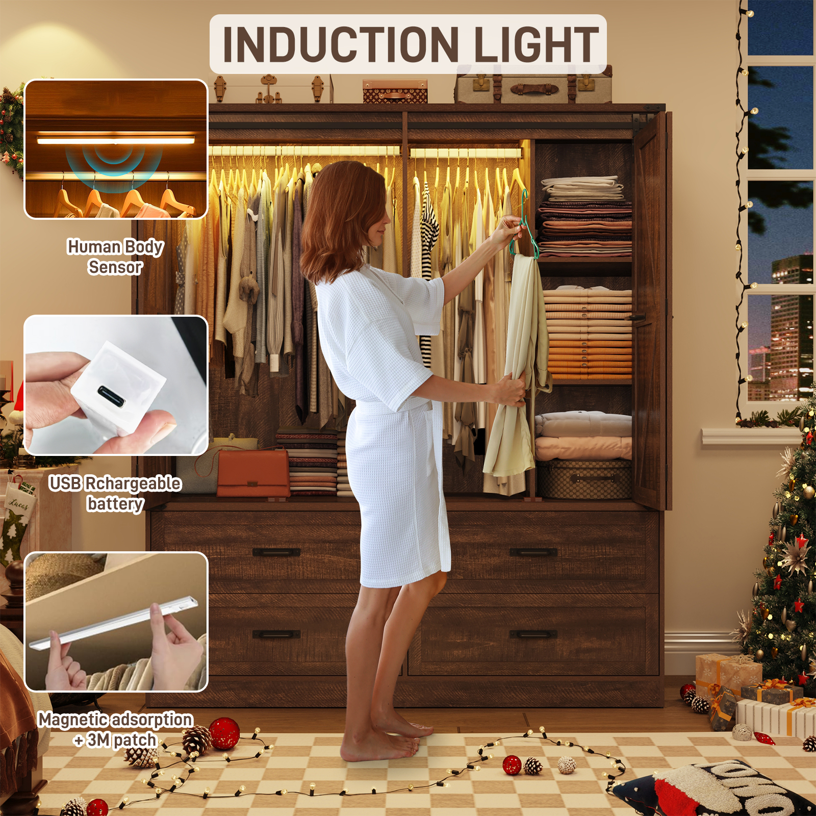 ChVans 73''H Armoire Wardrobe Closet with Sensor Light and 4 Drawers, Farmhouse Bedroom Armoire Cabinet with Hanging Rod, Wooden Wardrobe Cabinet with folding sliding barn door for Bedroom