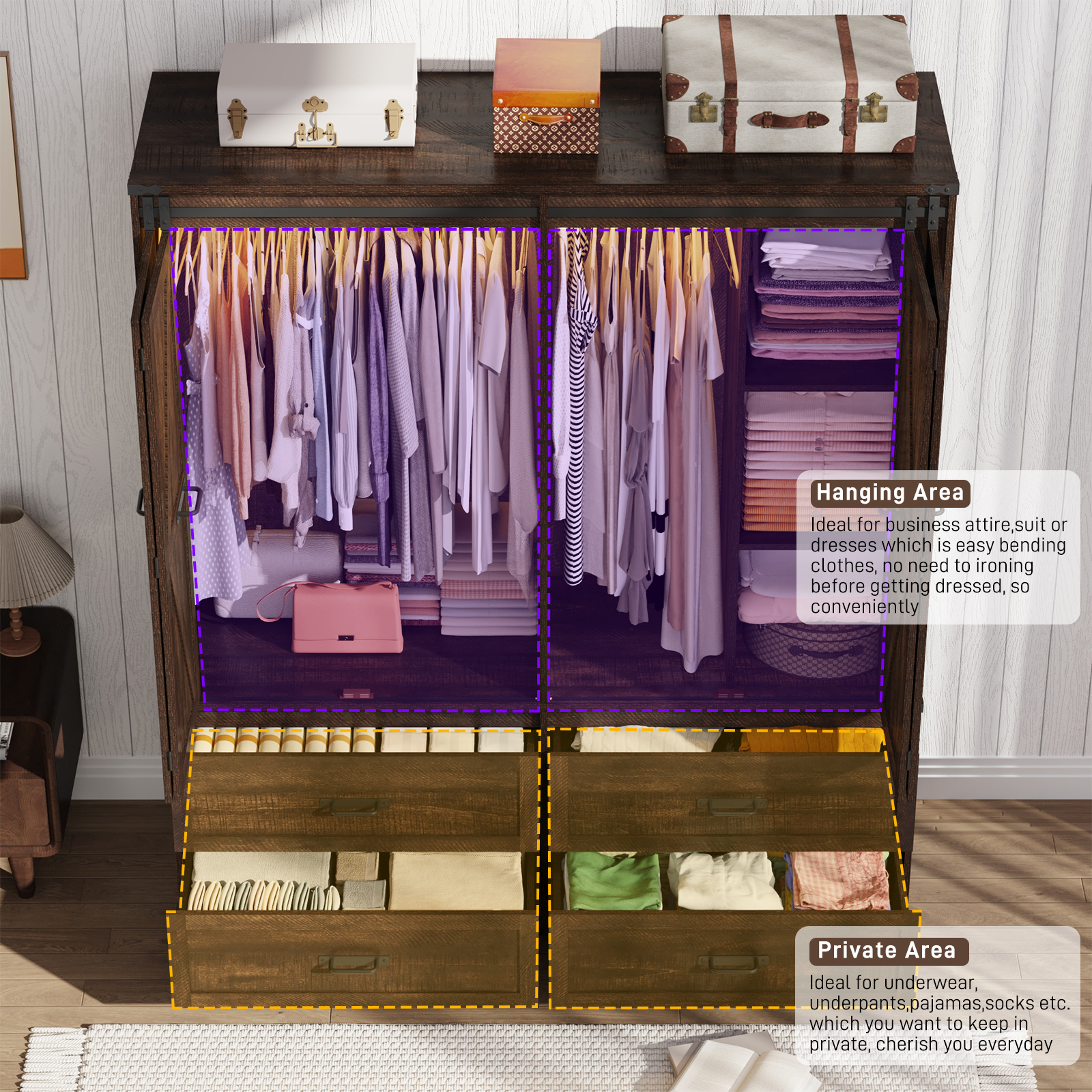 ChVans 73''H Armoire Wardrobe Closet with Sensor Light and 4 Drawers, Farmhouse Bedroom Armoire Cabinet with Hanging Rod, Wooden Wardrobe Cabinet with folding sliding barn door for Bedroom