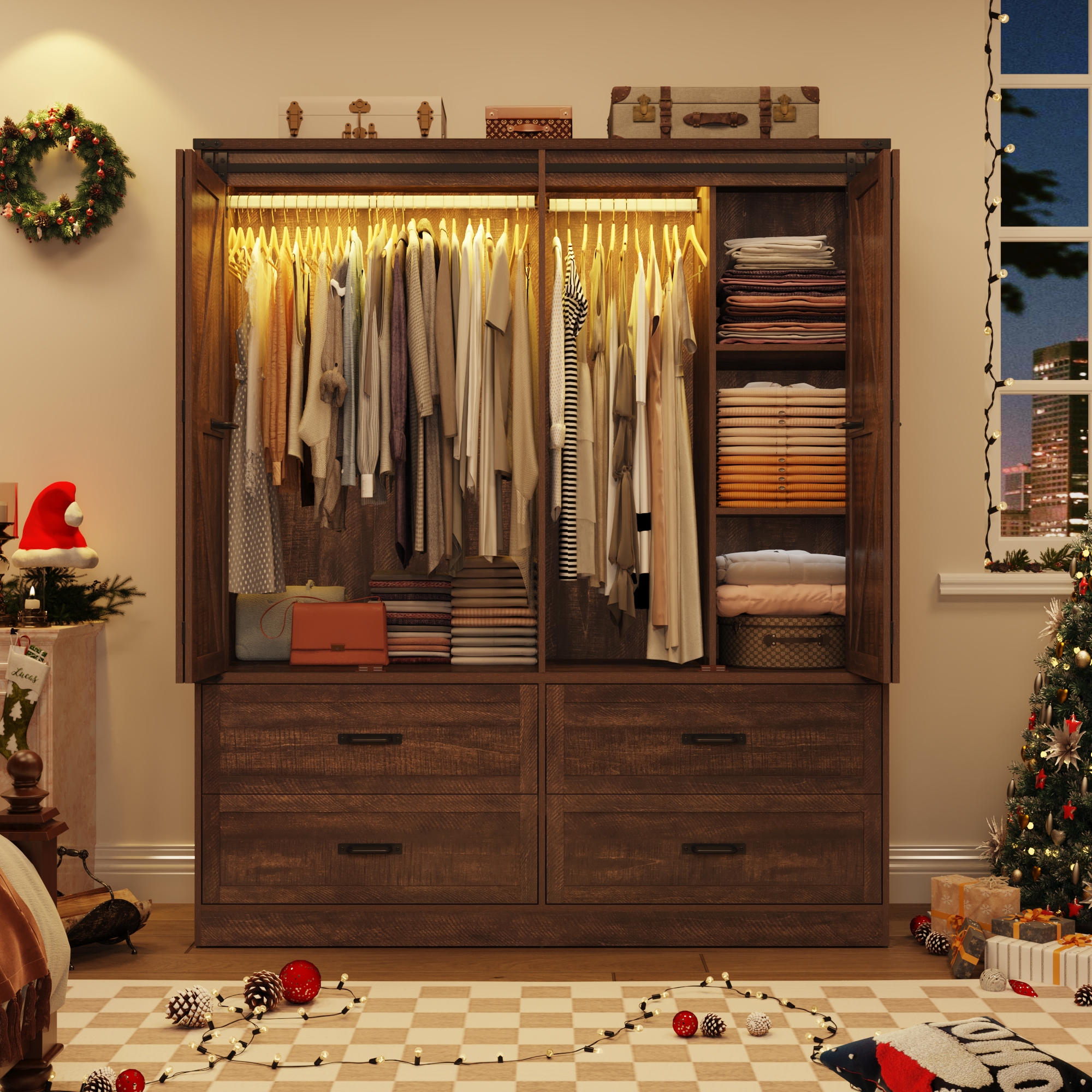 ChVans 73''H Armoire Wardrobe Closet with Sensor Light and 4 Drawers, Farmhouse Bedroom Armoire Cabinet with Hanging Rod, Wooden Wardrobe Cabinet with folding sliding barn door for Bedroom