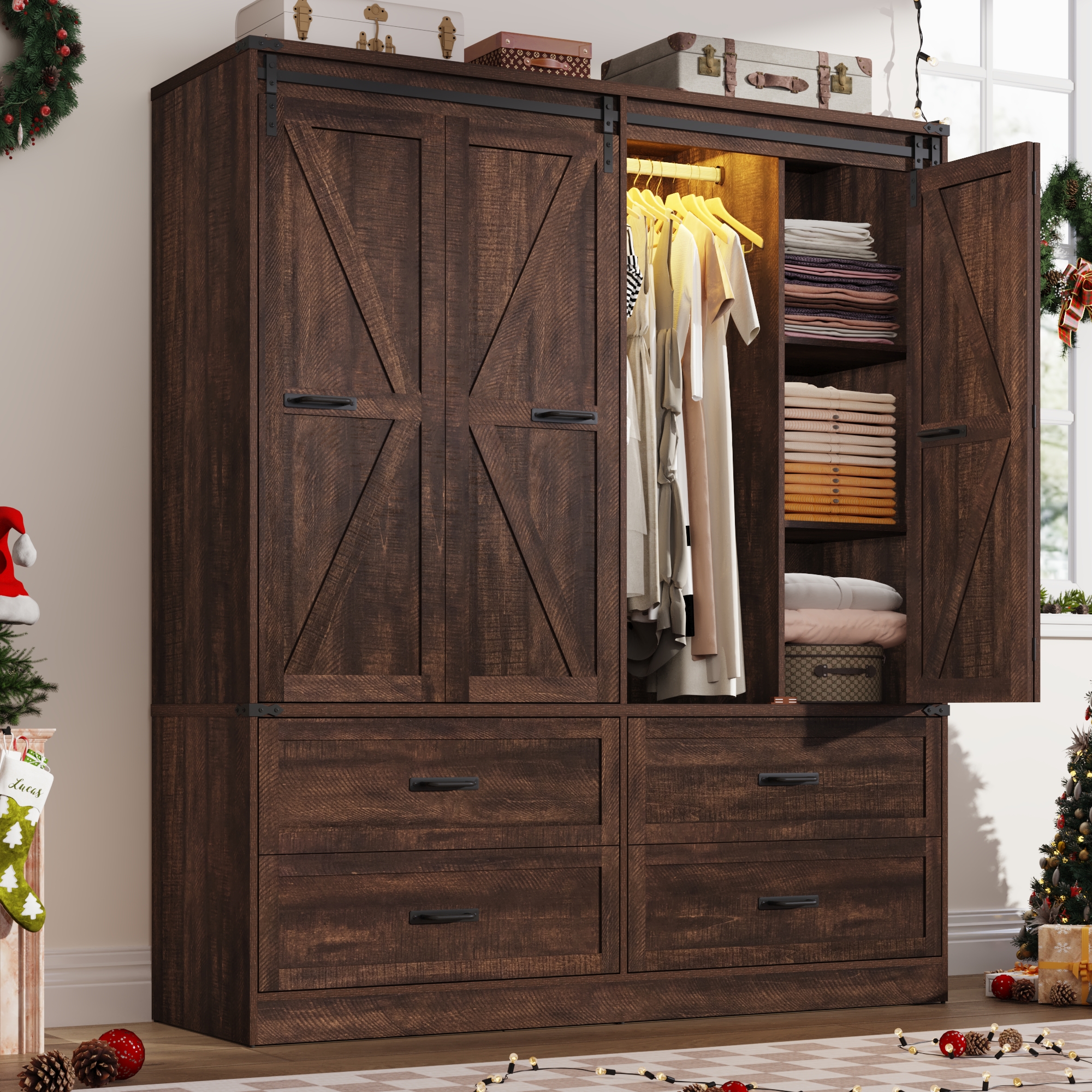 ChVans 73''H Armoire Wardrobe Closet with Sensor Light and 4 Drawers, Farmhouse Bedroom Armoire Cabinet with Hanging Rod, Wooden Wardrobe Cabinet with folding sliding barn door for Bedroom