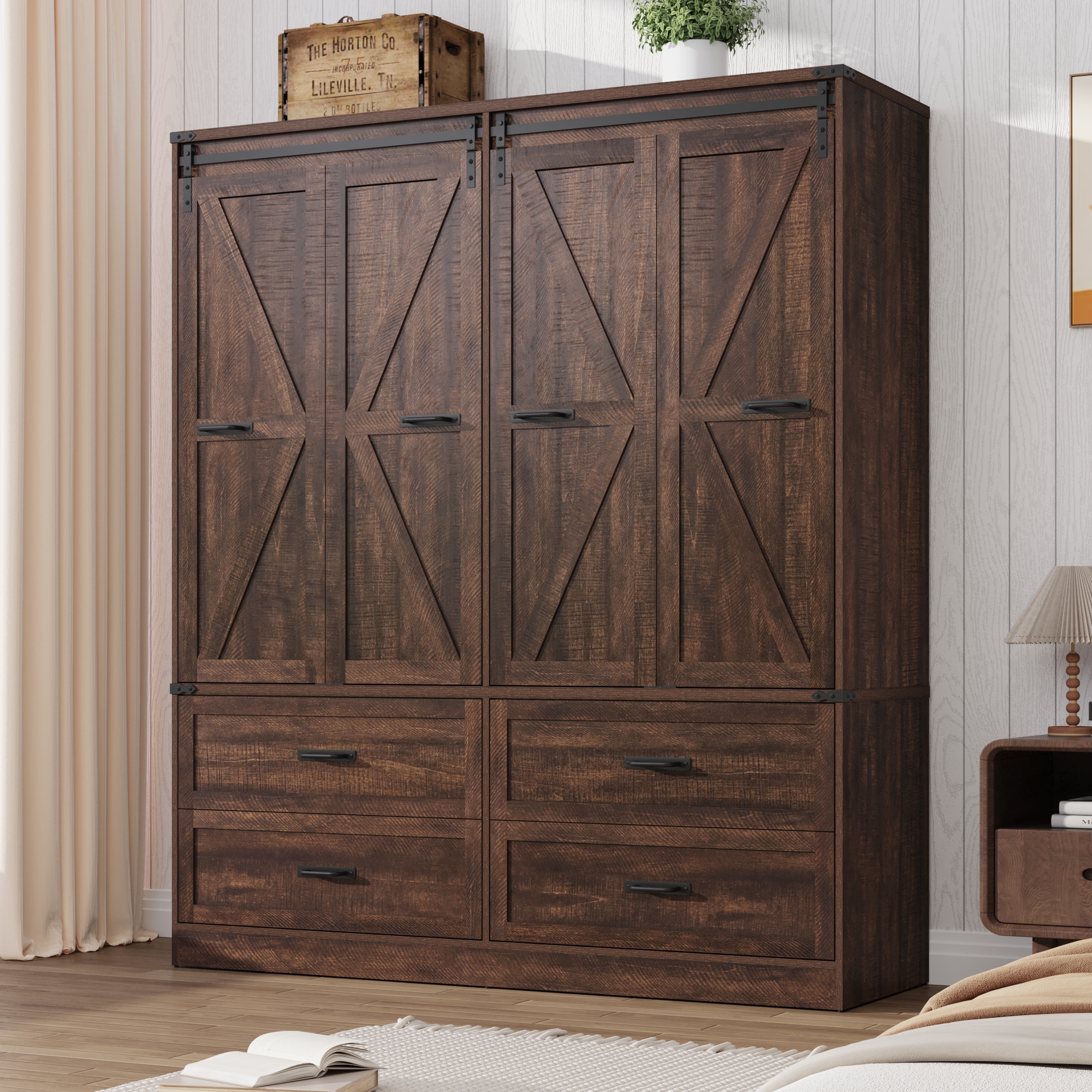 ChVans 73''H Armoire Wardrobe Closet with Sensor Light and 4 Drawers, Farmhouse Bedroom Armoire Cabinet with Hanging Rod, Wooden Wardrobe Cabinet with folding sliding barn door for Bedroom