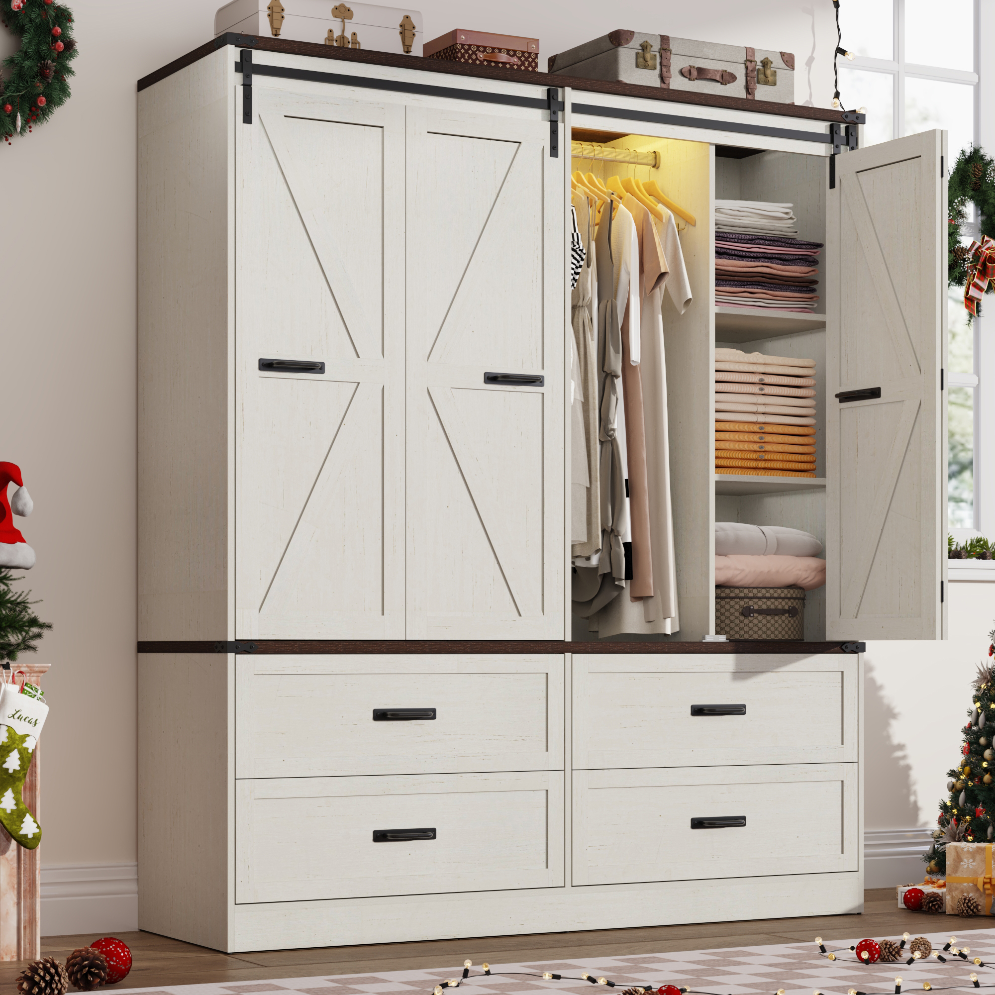 ChVans 73''H Armoire Wardrobe Closet with Sensor Light and 4 Drawers, Farmhouse Bedroom Armoire Cabinet with Hanging Rod, Wooden Wardrobe Cabinet with folding sliding barn door for Bedroom