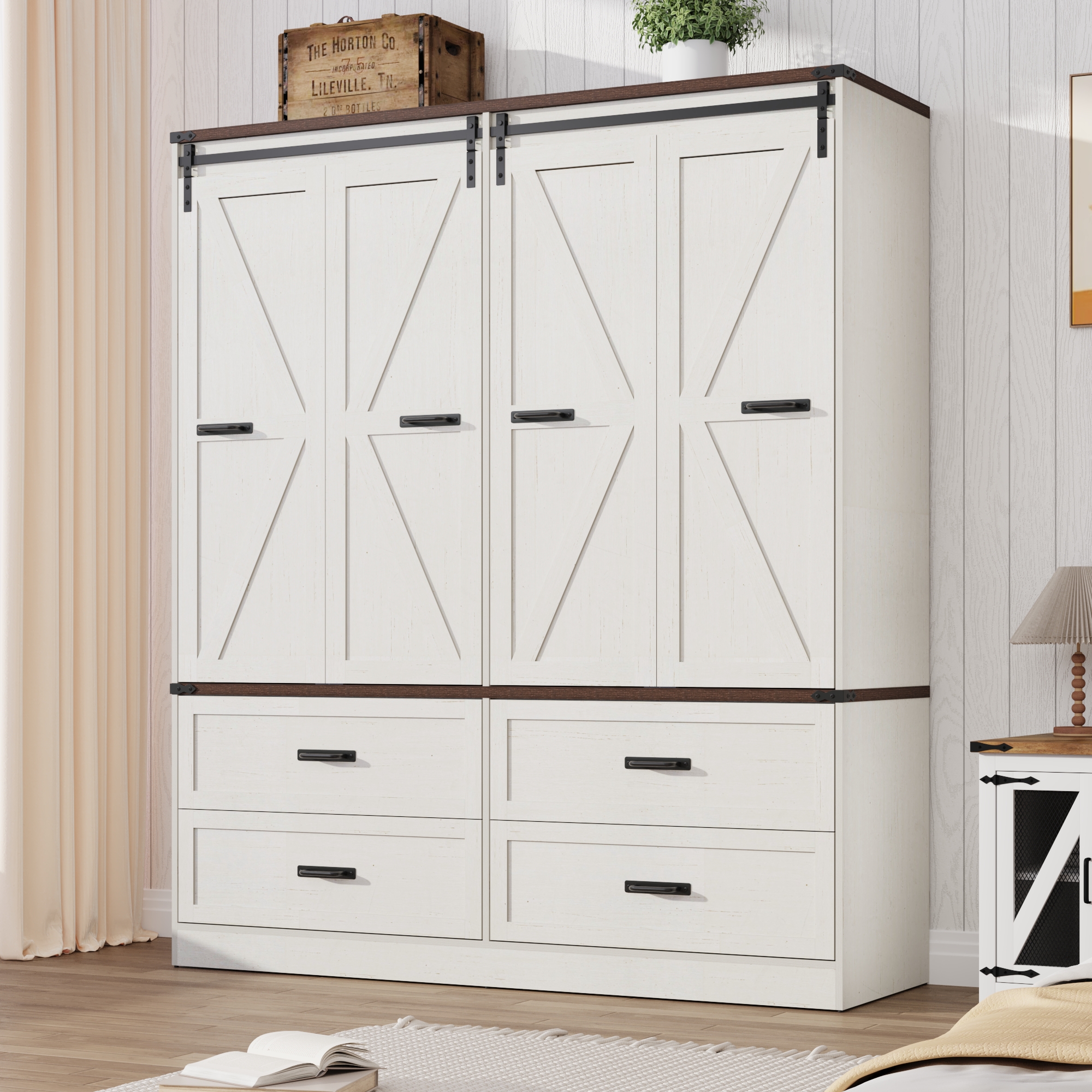 ChVans 73''H Armoire Wardrobe Closet with Sensor Light and 4 Drawers, Farmhouse Bedroom Armoire Cabinet with Hanging Rod, Wooden Wardrobe Cabinet with folding sliding barn door for Bedroom