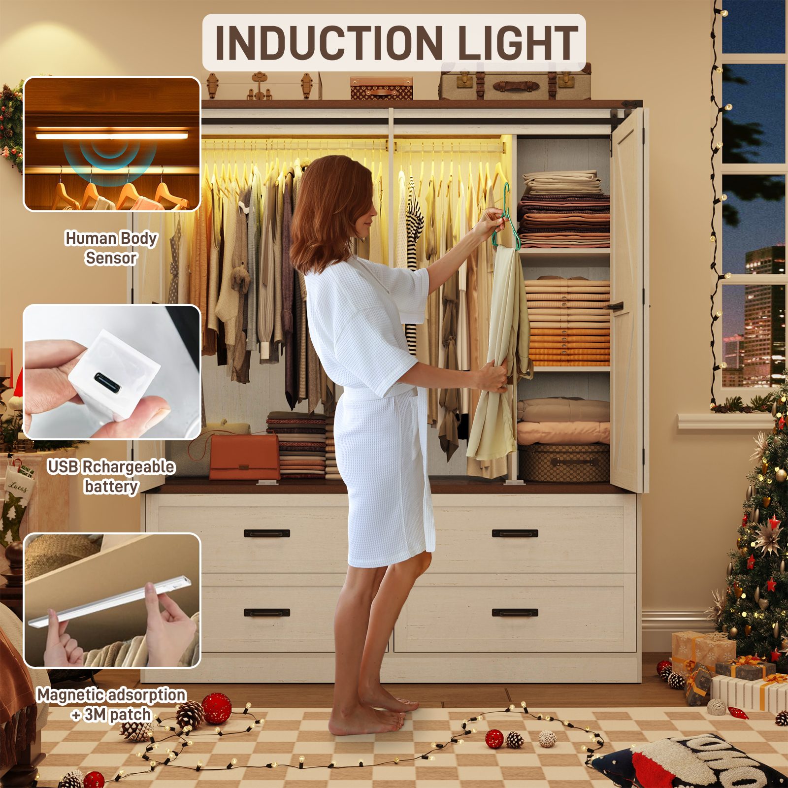 ChVans 73''H Armoire Wardrobe Closet with Sensor Light and 4 Drawers, Farmhouse Bedroom Armoire Cabinet with Hanging Rod, Wooden Wardrobe Cabinet with folding sliding barn door for Bedroom