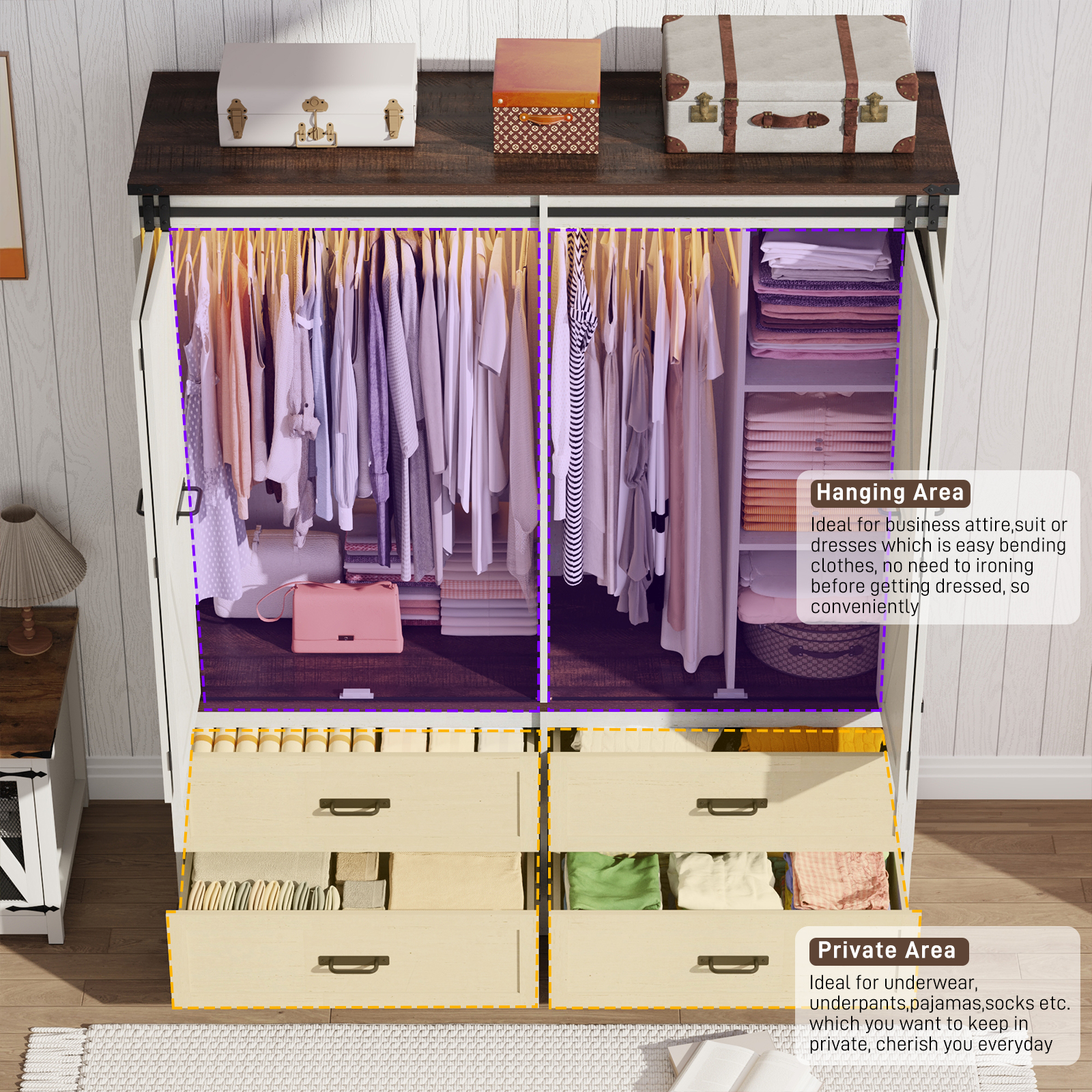 ChVans 73''H Armoire Wardrobe Closet with Sensor Light and 4 Drawers, Farmhouse Bedroom Armoire Cabinet with Hanging Rod, Wooden Wardrobe Cabinet with folding sliding barn door for Bedroom