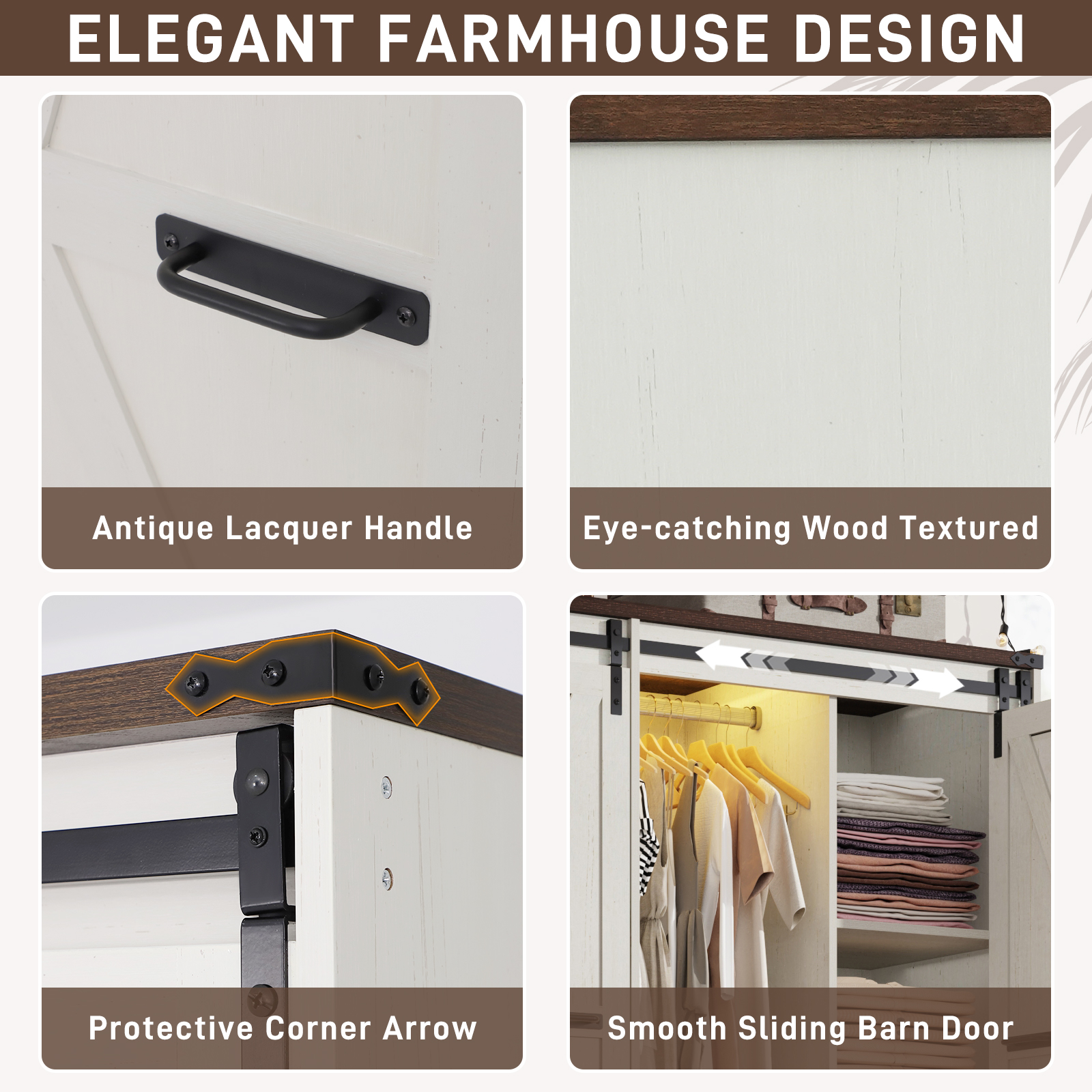 ChVans 73''H Armoire Wardrobe Closet with Sensor Light and 4 Drawers, Farmhouse Bedroom Armoire Cabinet with Hanging Rod, Wooden Wardrobe Cabinet with folding sliding barn door for Bedroom