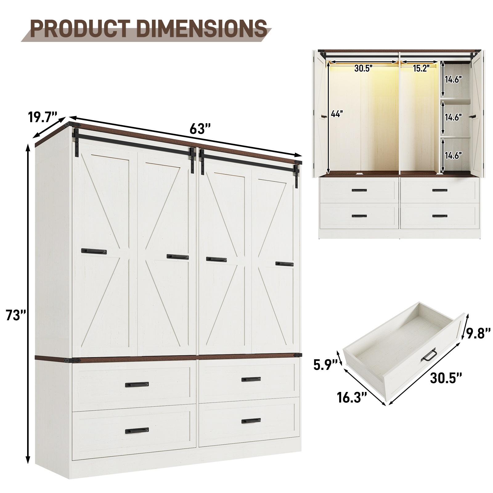 ChVans 73''H Armoire Wardrobe Closet with Sensor Light and 4 Drawers, Farmhouse Bedroom Armoire Cabinet with Hanging Rod, Wooden Wardrobe Cabinet with folding sliding barn door for Bedroom