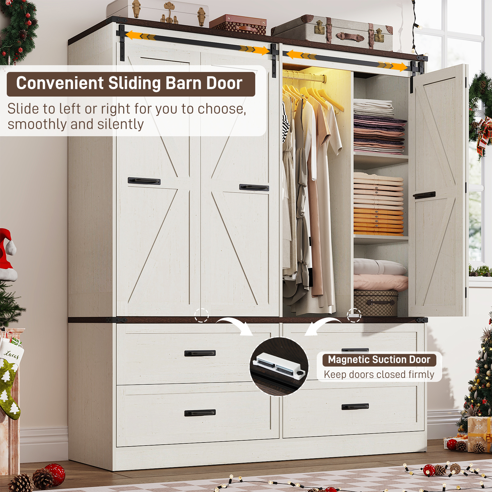 ChVans 73''H Armoire Wardrobe Closet with Sensor Light and 4 Drawers, Farmhouse Bedroom Armoire Cabinet with Hanging Rod, Wooden Wardrobe Cabinet with folding sliding barn door for Bedroom