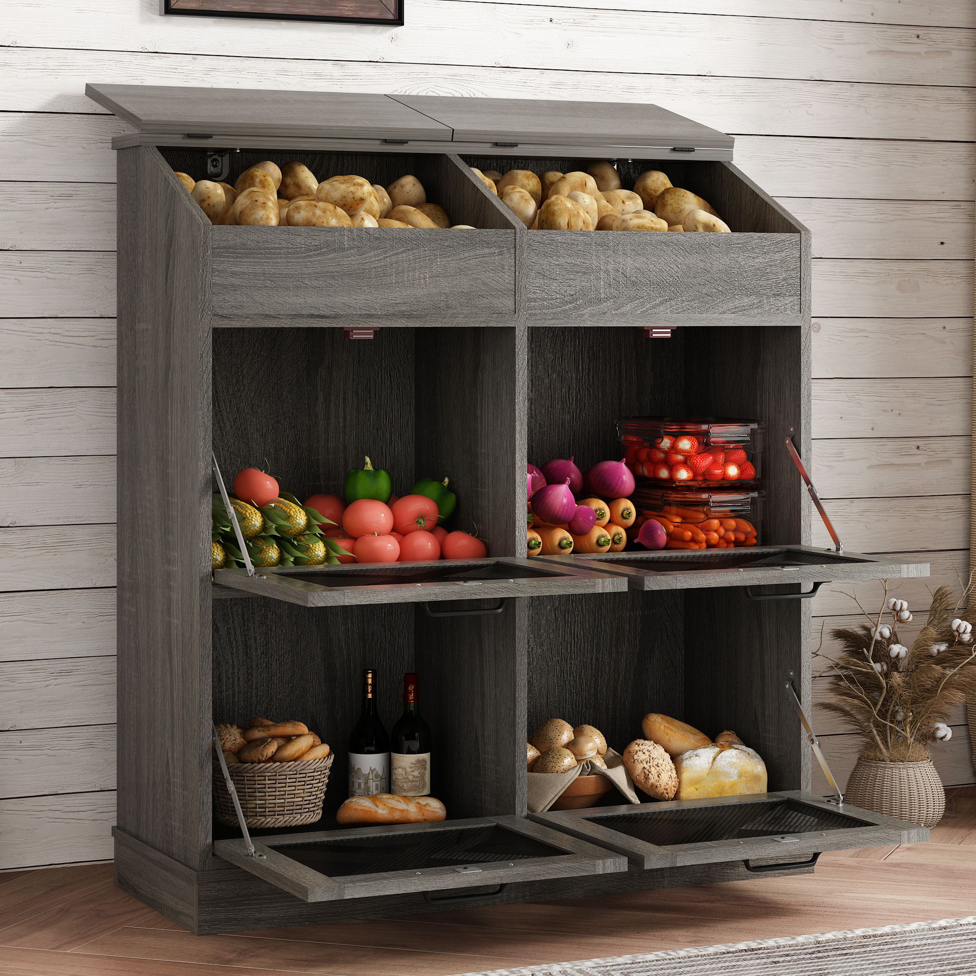 ChVans Large Potato Storage Wood Bin, Wooden Bread Storage Bins, Decorative Potato and Onion Storage Bin with 4 Doors, Potato Bin with Grocery Section, Wooden Vegetable Storage Box with Lid