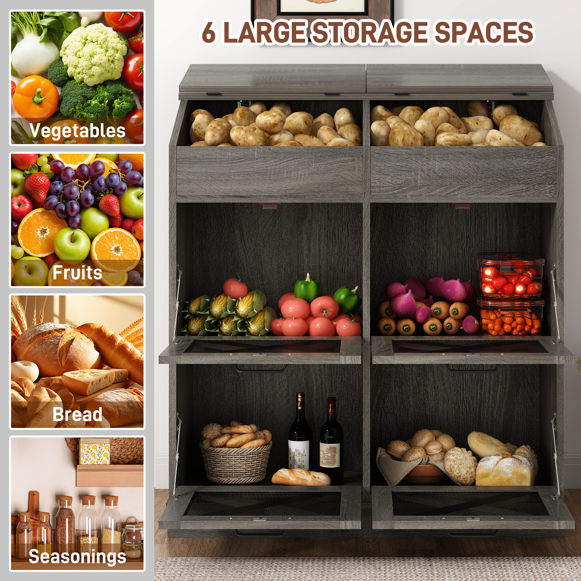 ChVans Large Potato Storage Wood Bin, Wooden Bread Storage Bins, Decorative Potato and Onion Storage Bin with 4 Doors, Potato Bin with Grocery Section, Wooden Vegetable Storage Box with Lid