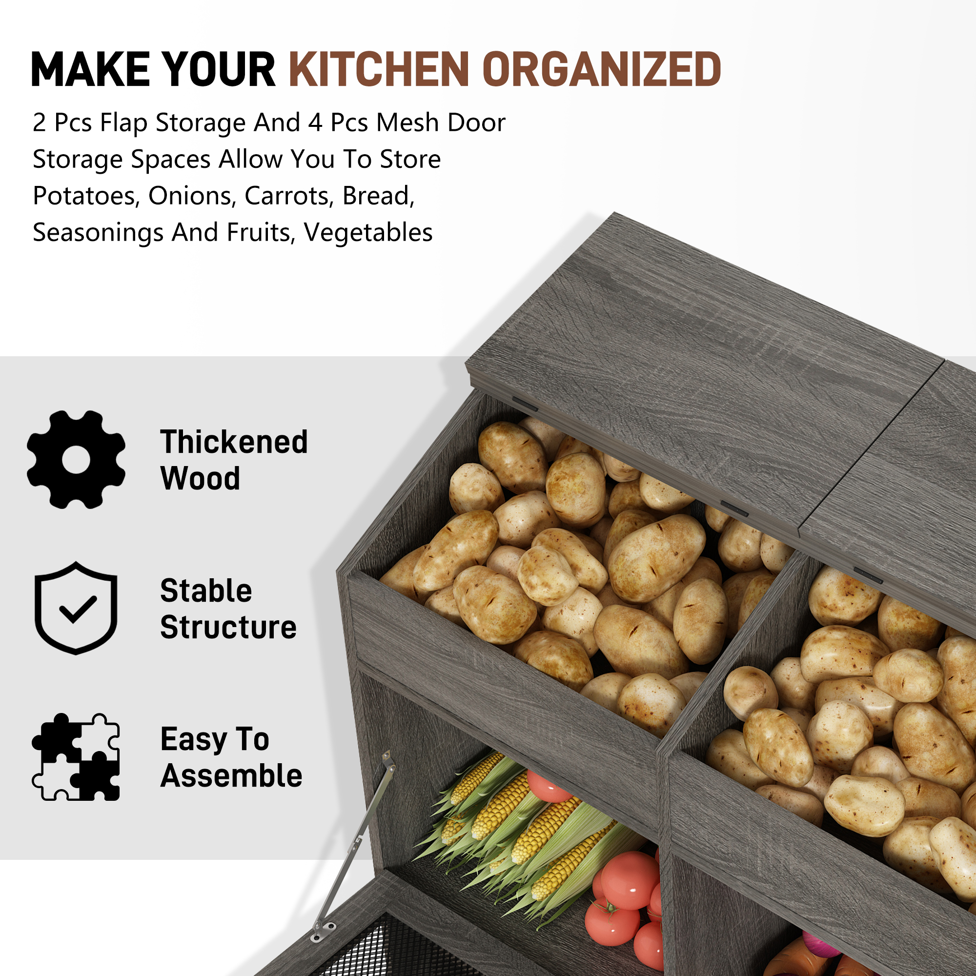 ChVans Large Potato Storage Wood Bin, Wooden Bread Storage Bins, Decorative Potato and Onion Storage Bin with 4 Doors, Potato Bin with Grocery Section, Wooden Vegetable Storage Box with Lid