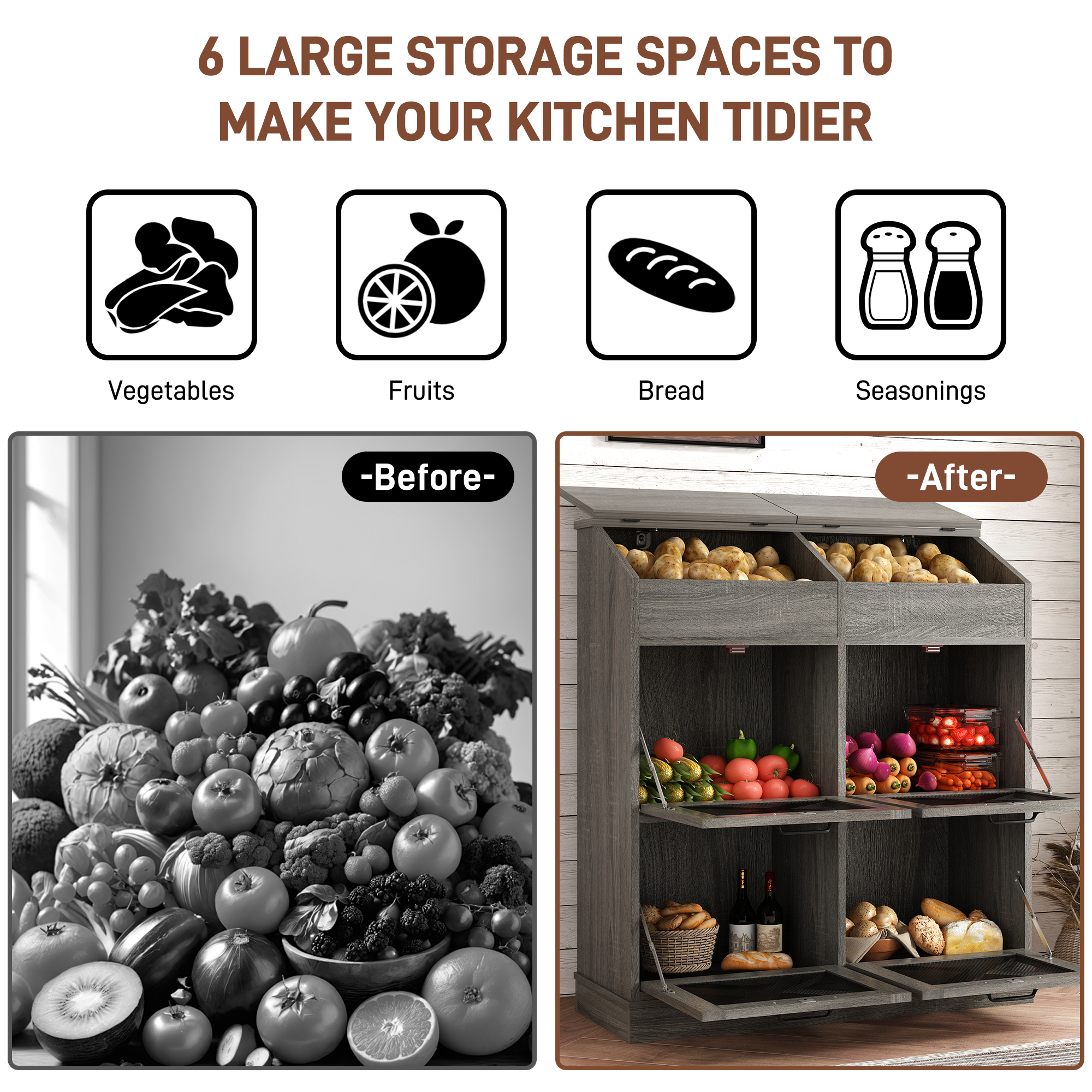 ChVans Large Potato Storage Wood Bin, Wooden Bread Storage Bins, Decorative Potato and Onion Storage Bin with 4 Doors, Potato Bin with Grocery Section, Wooden Vegetable Storage Box with Lid