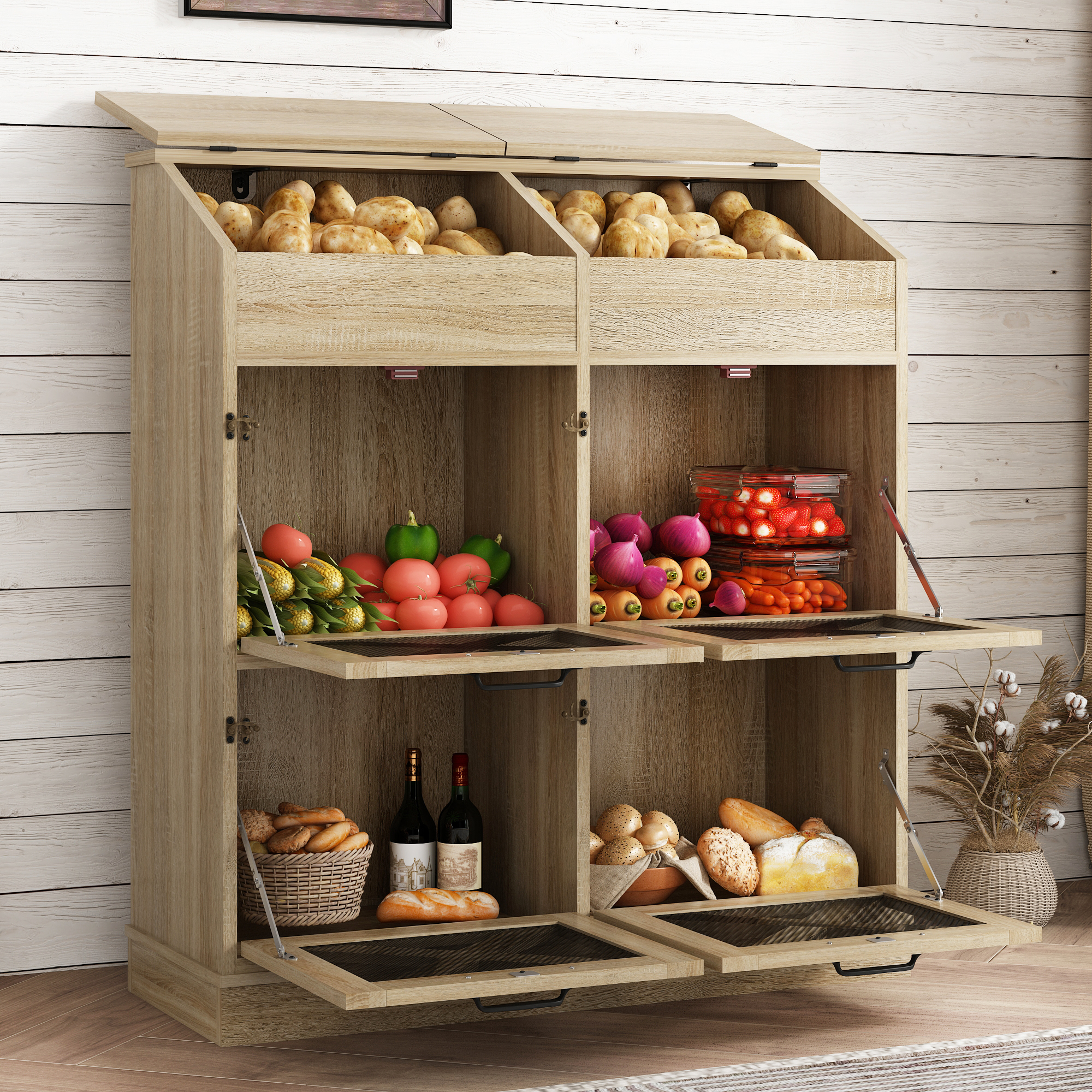 ChVans Large Potato Storage Wood Bin, Wooden Bread Storage Bins, Decorative Potato and Onion Storage Bin with 4 Doors, Potato Bin with Grocery Section, Wooden Vegetable Storage Box with Lid