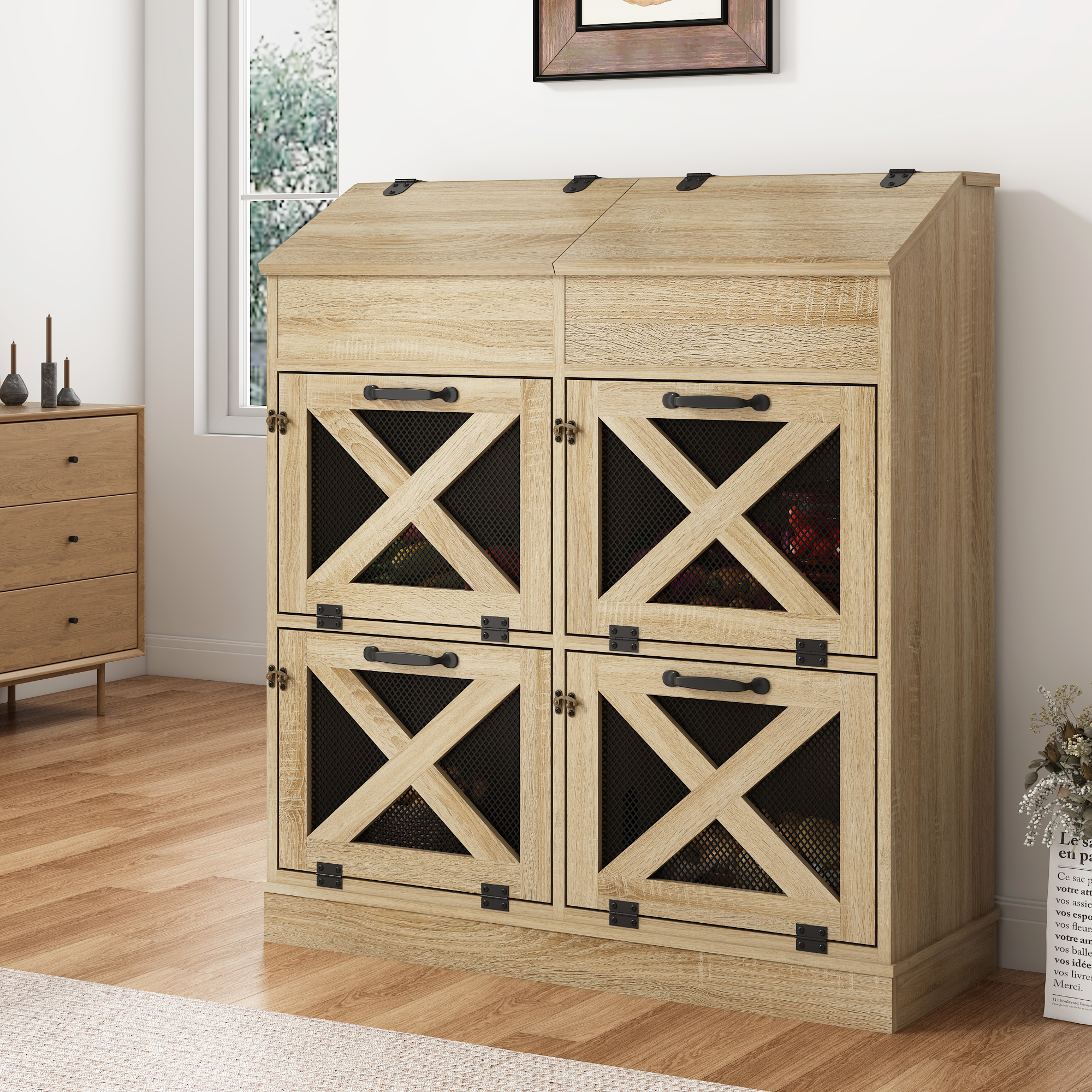 ChVans Large Potato Storage Wood Bin, Wooden Bread Storage Bins, Decorative Potato and Onion Storage Bin with 4 Doors, Potato Bin with Grocery Section, Wooden Vegetable Storage Box with Lid