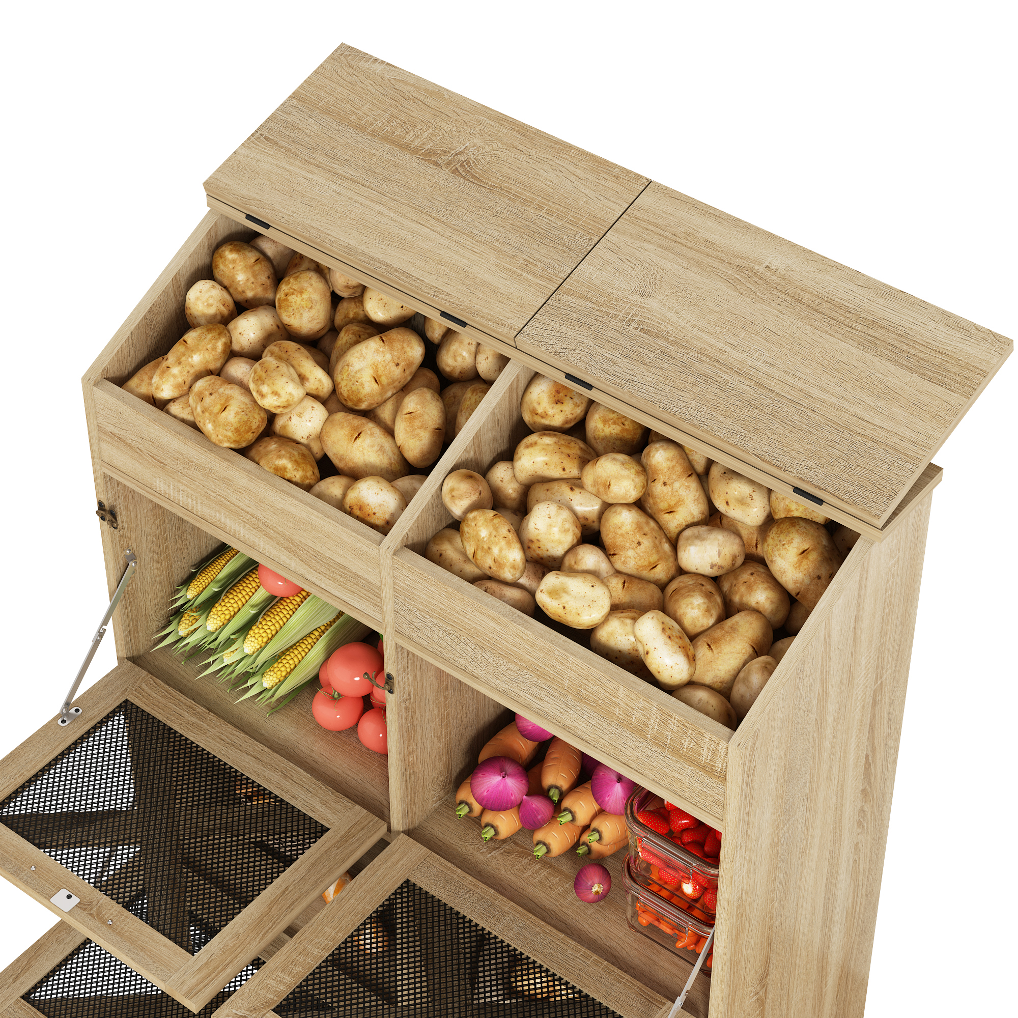 ChVans Large Potato Storage Wood Bin, Wooden Bread Storage Bins, Decorative Potato and Onion Storage Bin with 4 Doors, Potato Bin with Grocery Section, Wooden Vegetable Storage Box with Lid