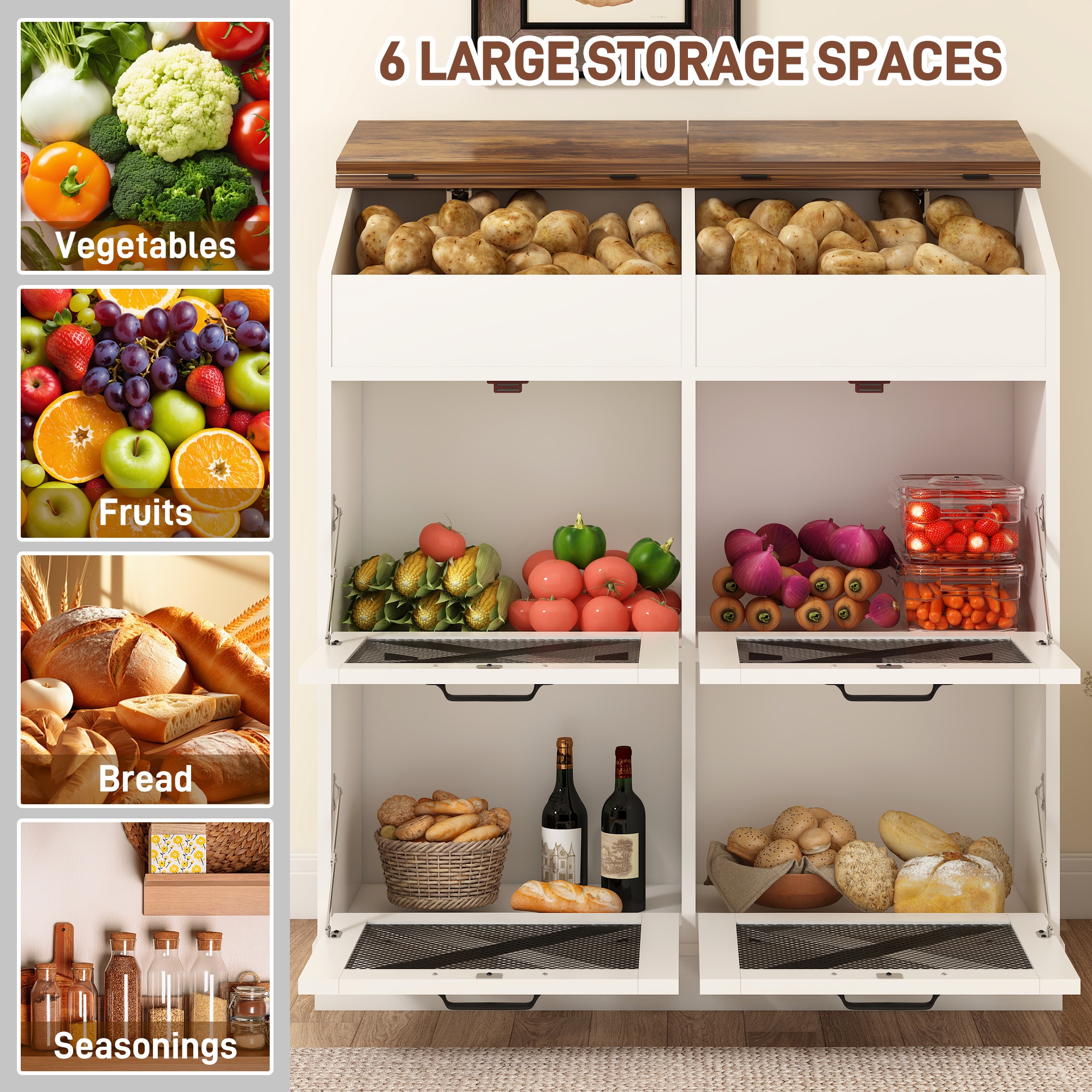 ChVans Large Potato Storage Wood Bin, Wooden Bread Storage Bins, Decorative Potato and Onion Storage Bin with 4 Doors, Potato Bin with Grocery Section, Wooden Vegetable Storage Box with Lid