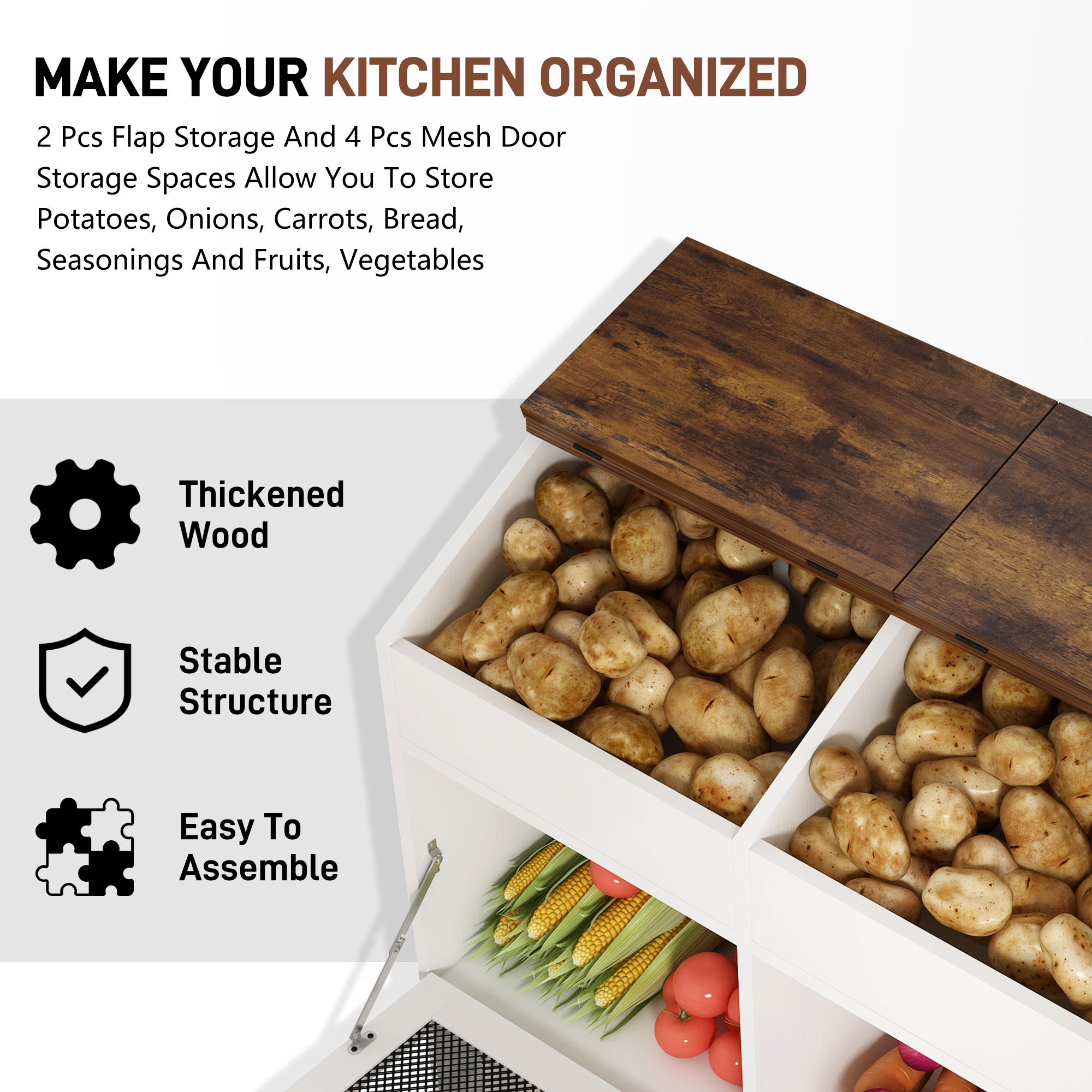 ChVans Large Potato Storage Wood Bin, Wooden Bread Storage Bins, Decorative Potato and Onion Storage Bin with 4 Doors, Potato Bin with Grocery Section, Wooden Vegetable Storage Box with Lid