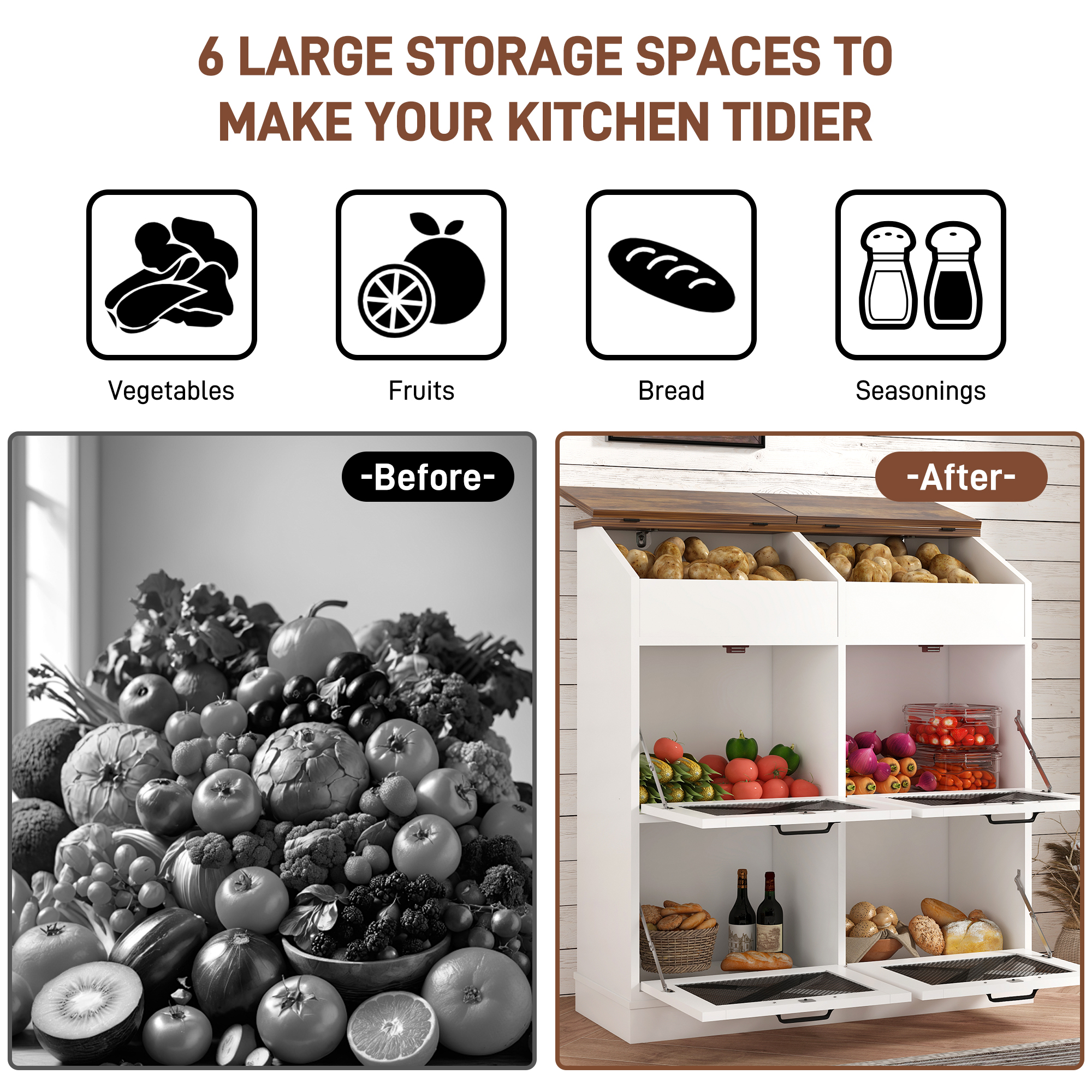 ChVans Large Potato Storage Wood Bin, Wooden Bread Storage Bins, Decorative Potato and Onion Storage Bin with 4 Doors, Potato Bin with Grocery Section, Wooden Vegetable Storage Box with Lid