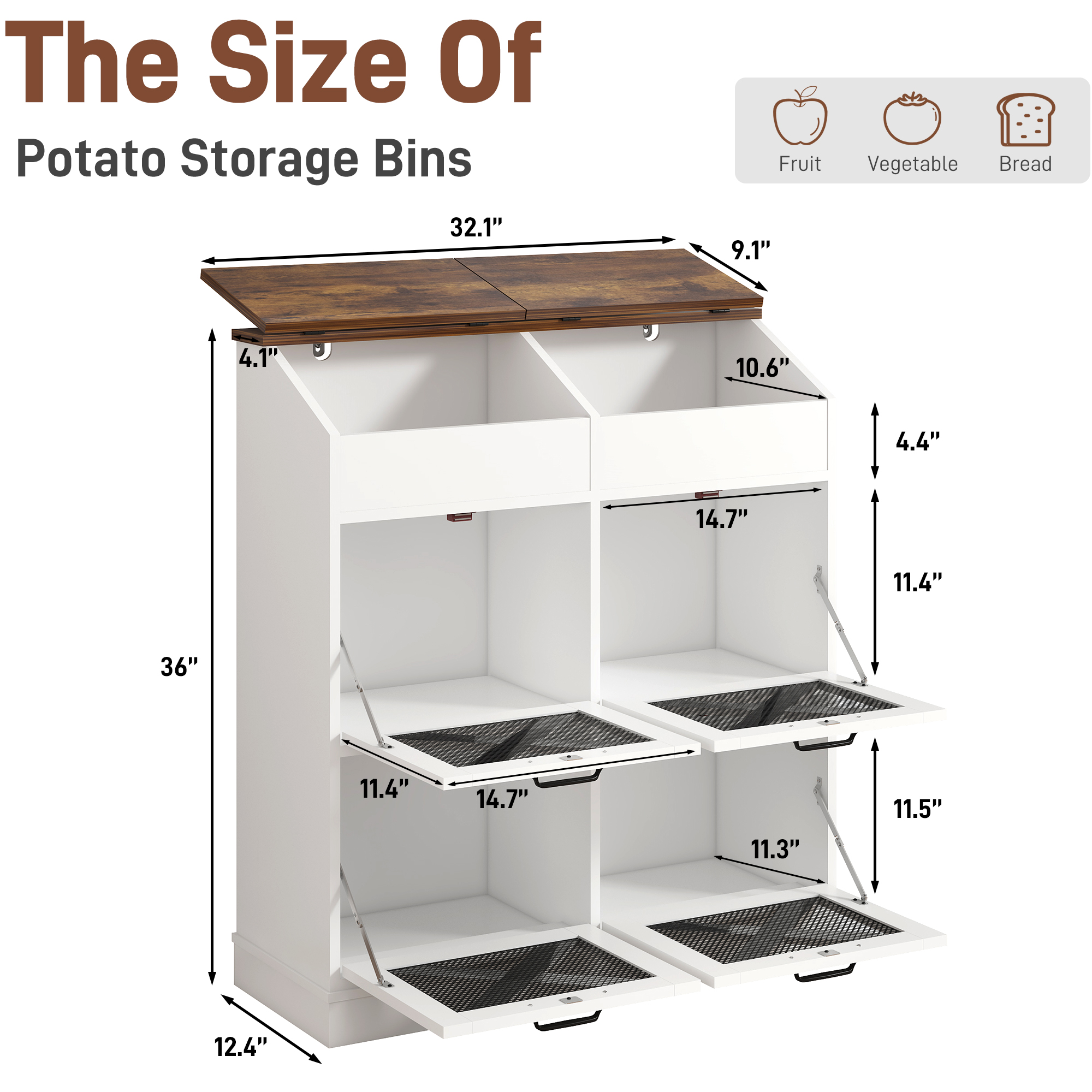 ChVans Large Potato Storage Wood Bin, Wooden Bread Storage Bins, Decorative Potato and Onion Storage Bin with 4 Doors, Potato Bin with Grocery Section, Wooden Vegetable Storage Box with Lid