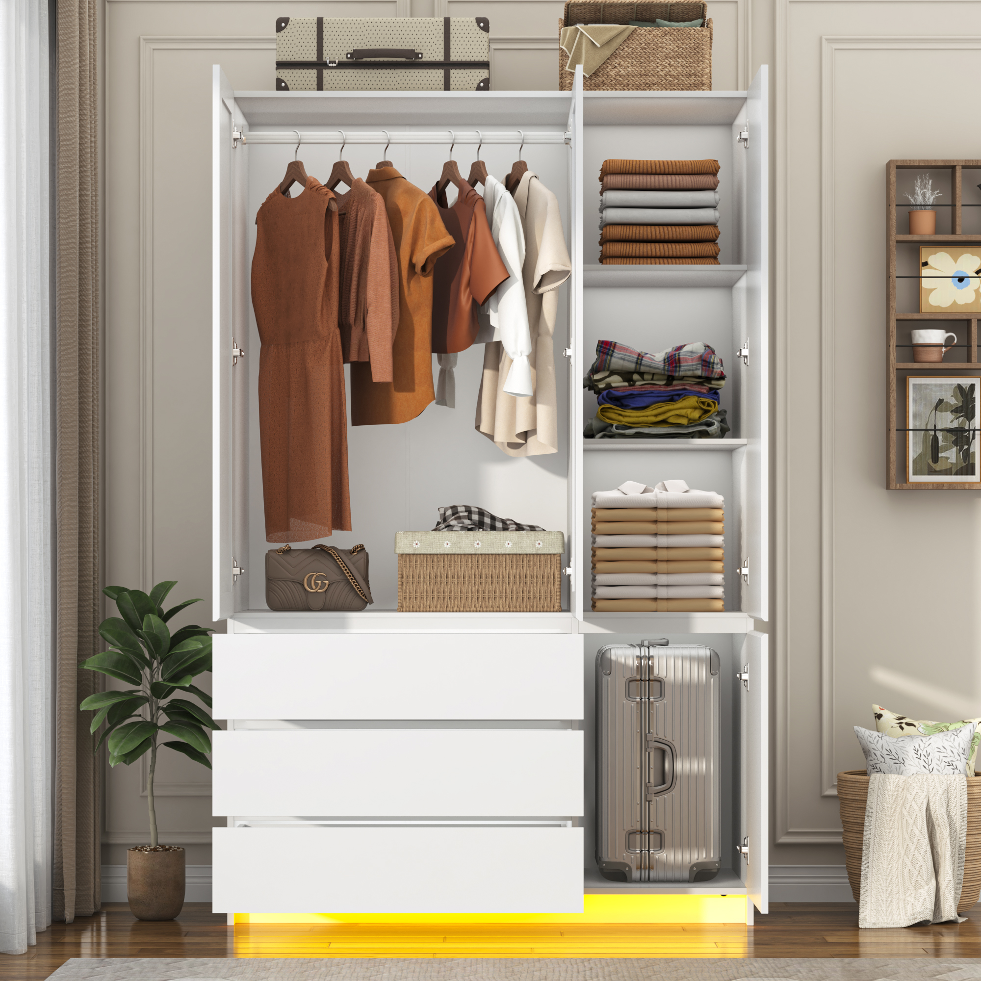 75" Tall 3 Doors Armoire Wardrobe Closet with 3 Drawers and Mirror, Large Wardrobe Closet for Bedroom with LED Lights, Wooden Armoire Storage Cabinet with Hanging Rod, Adjustable shelves