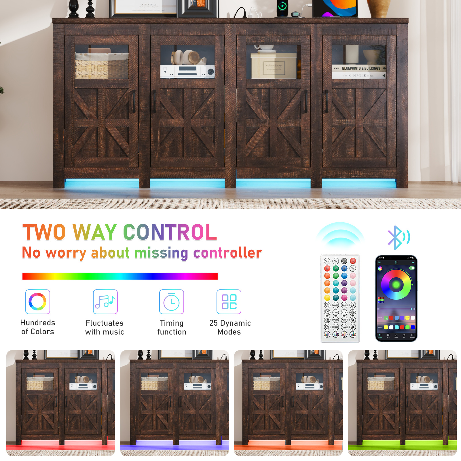 ChVans LED Farmhouse TV stand for up to 85" TVs with Power Outlet, 74" Large Entertainment Center Console Table, 33.5" Tall Rustic Media Console w/Storage Shelves for Living Room