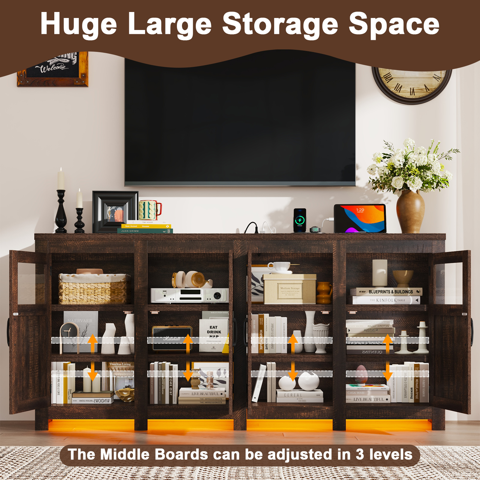 ChVans LED Farmhouse TV stand for up to 85" TVs with Power Outlet, 74" Large Entertainment Center Console Table, 33.5" Tall Rustic Media Console w/Storage Shelves for Living Room